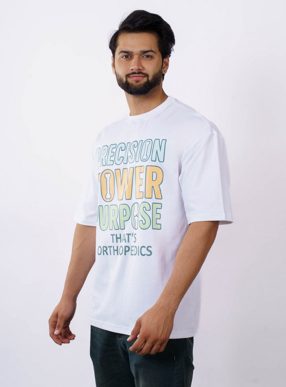 Bandar Baant Collections oversized fit Orthopedician T-shirt For Men in white with graphic text design
