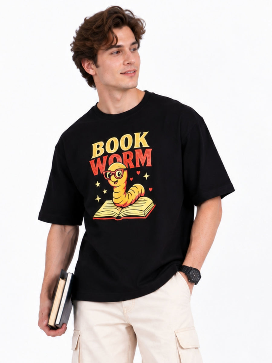 Bandar Baant Collections oversized T-Shirt for men in black with bookworm graphic print