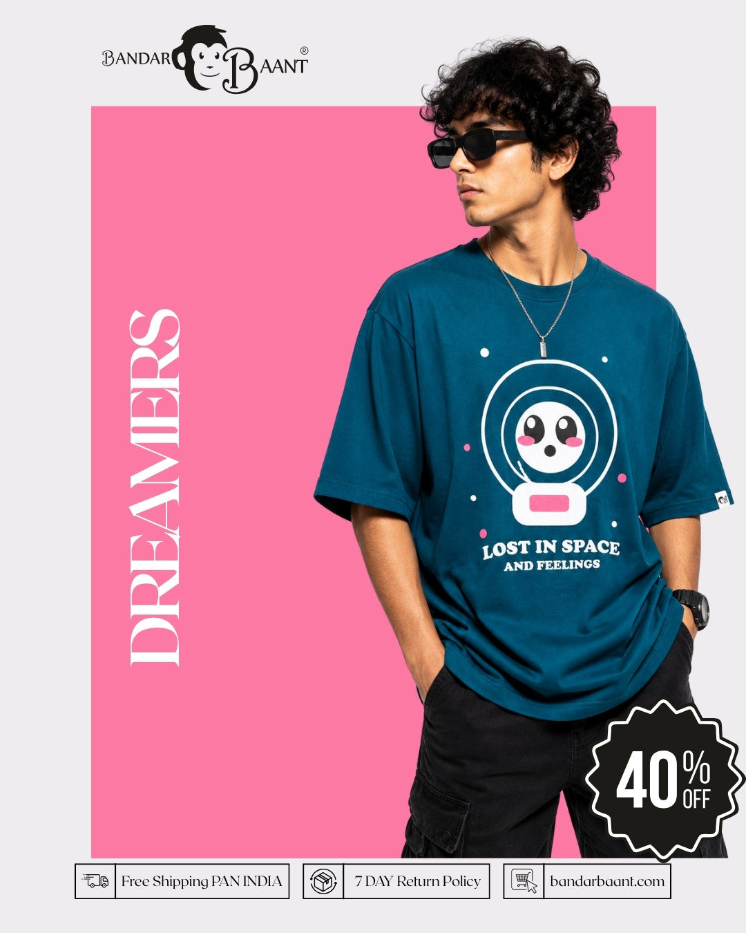 Oversized T-Shirt for Men by Bandar Baant Collections featuring a blue graphic space design with dreamers theme