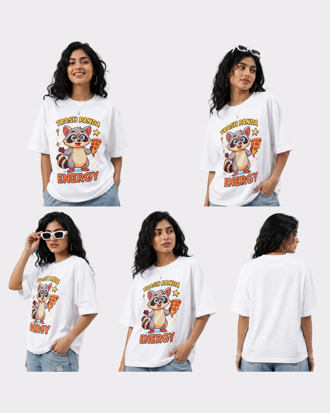 Oversized T-Shirt For Women by Bandar Baant Collections featuring Trash Panda Energy cartoon graphic