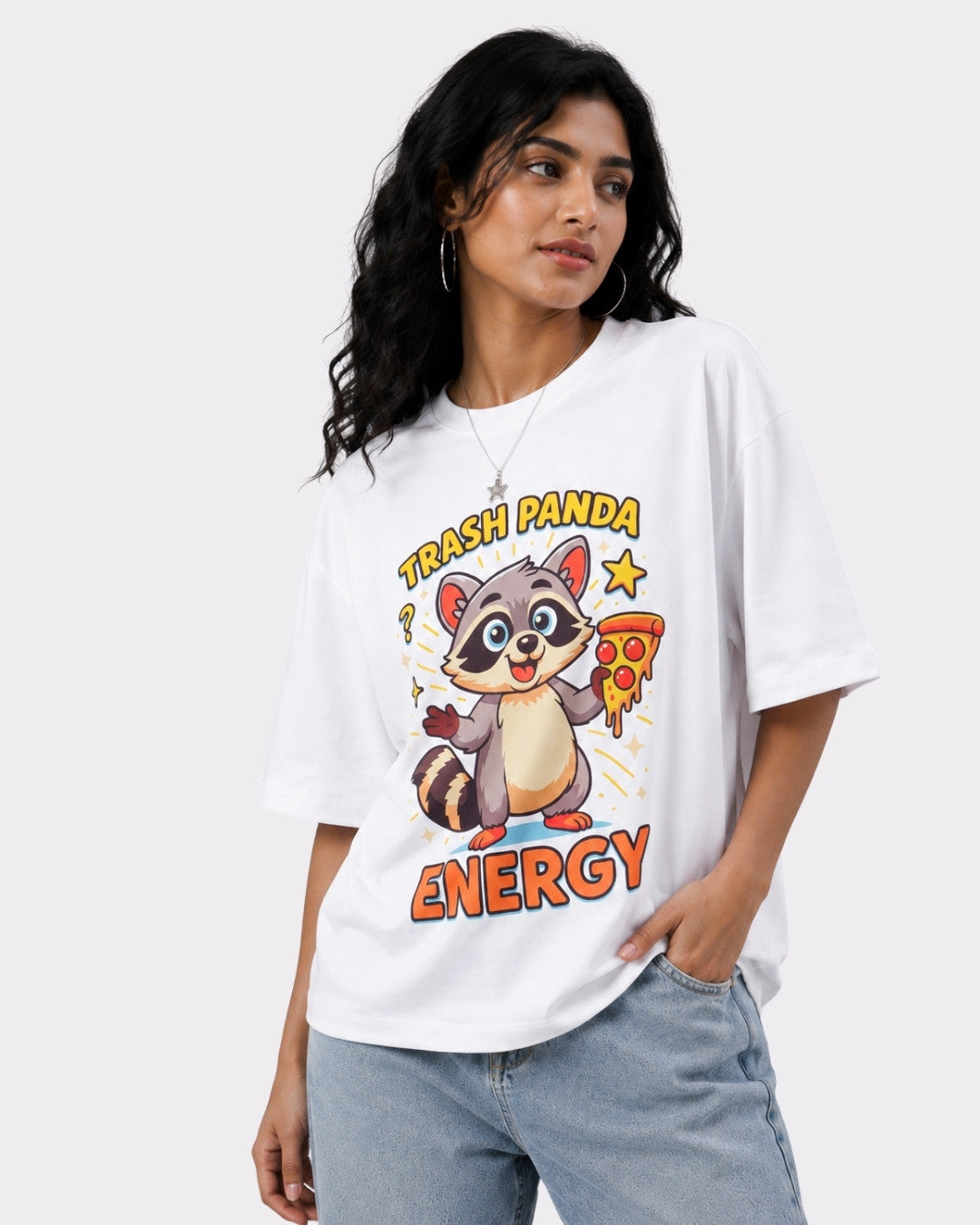 Oversized T-Shirt For Women in white with cartoon trash panda energy graphic from Bandar Baant Collections