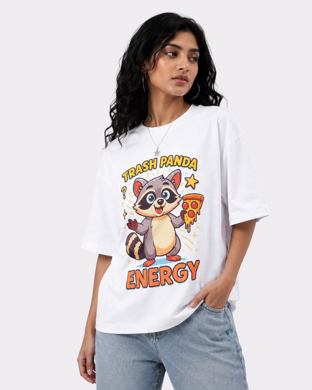 Oversized T-Shirt For Women by Bandar Baant Collections with Trash Panda Energy graphic print in white