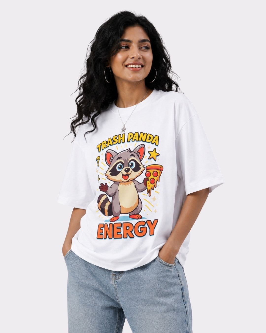Bandar Baant Collections oversized T-Shirt For Women with cartoon trash panda and pizza graphic