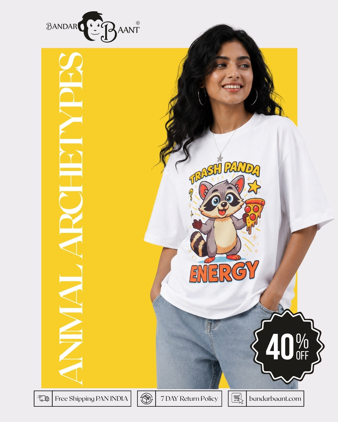 Oversized T-Shirt For Women white with Trash Panda Energy graphic worn by smiling woman