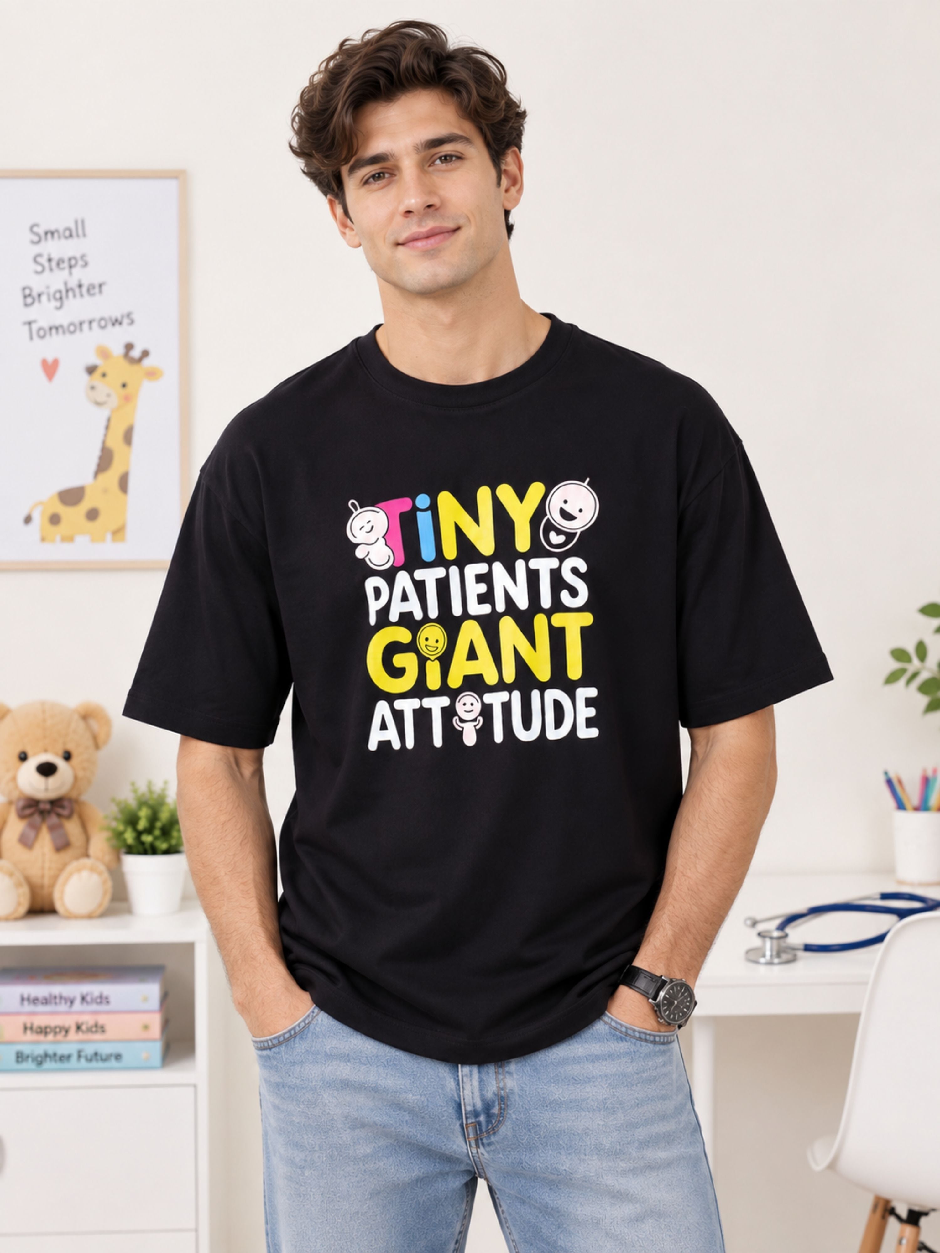 Black oversized fit Paediatrician Quote Tshirt For Men with colorful tiny patients giant attitude design