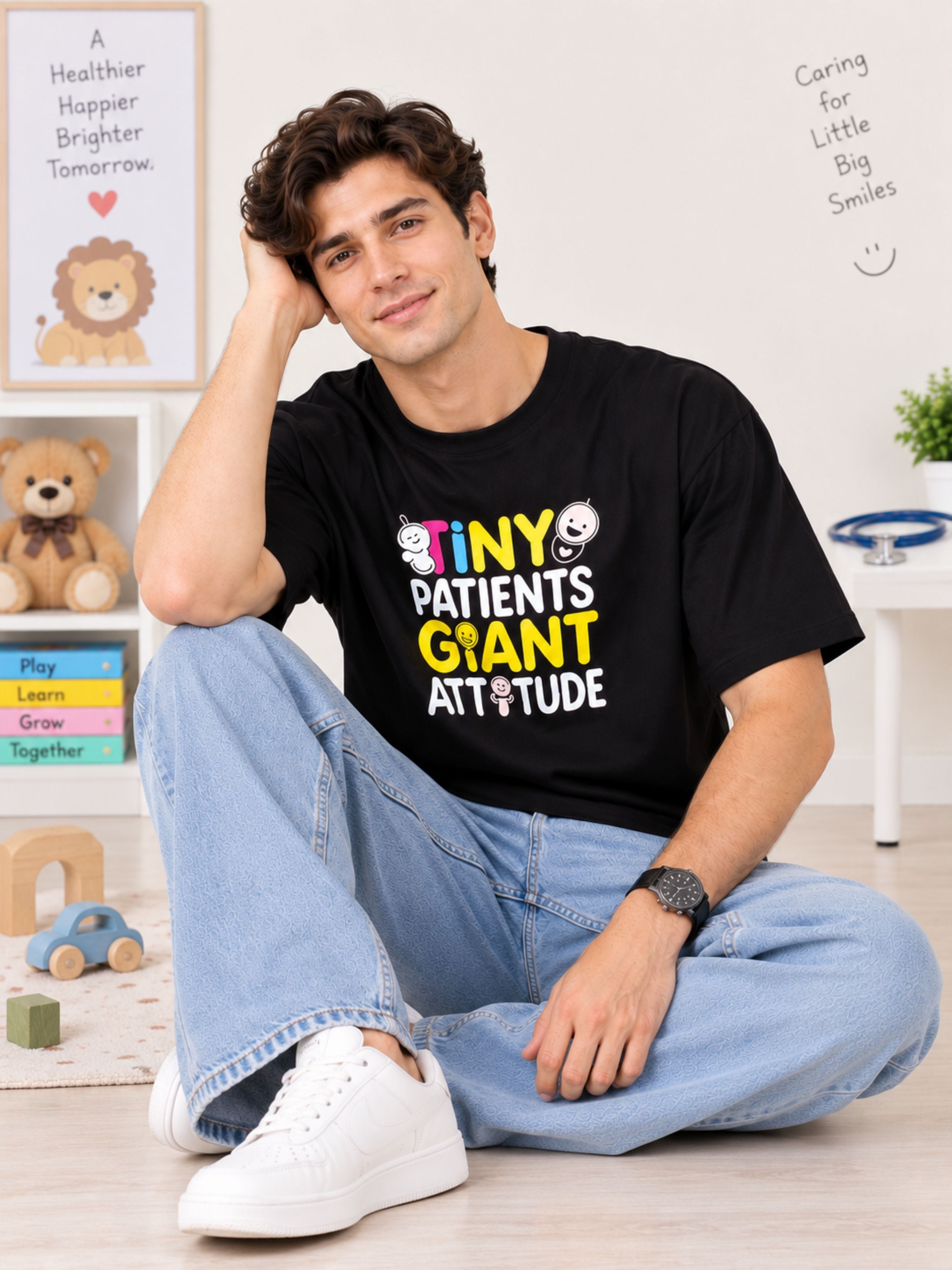 Paediatrician Quote Tshirt For Men oversized fit black t-shirt with colorful text worn by seated man