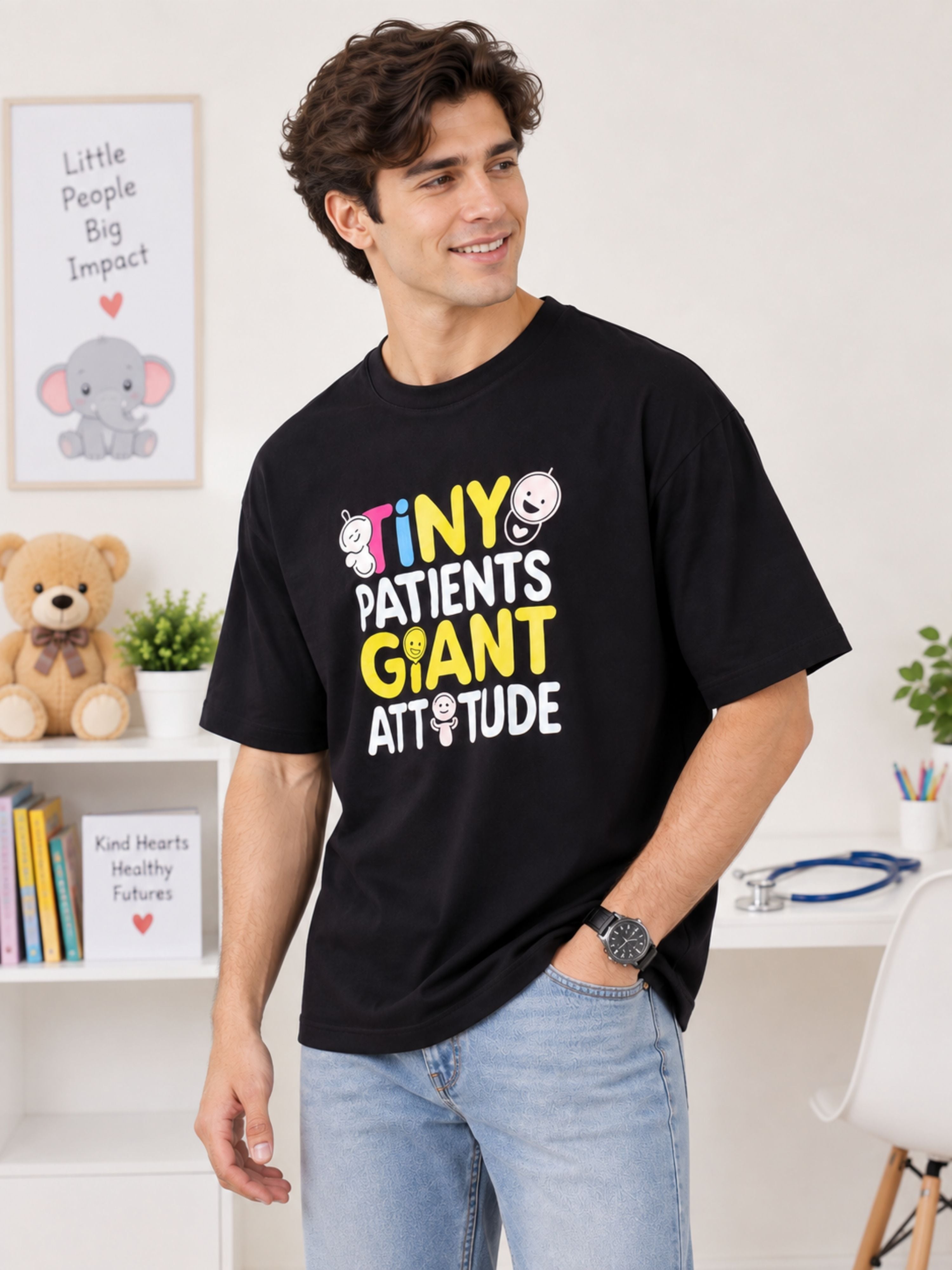 Paediatrician Quote Tshirt For Men oversized fit black tshirt with colorful patient attitude print