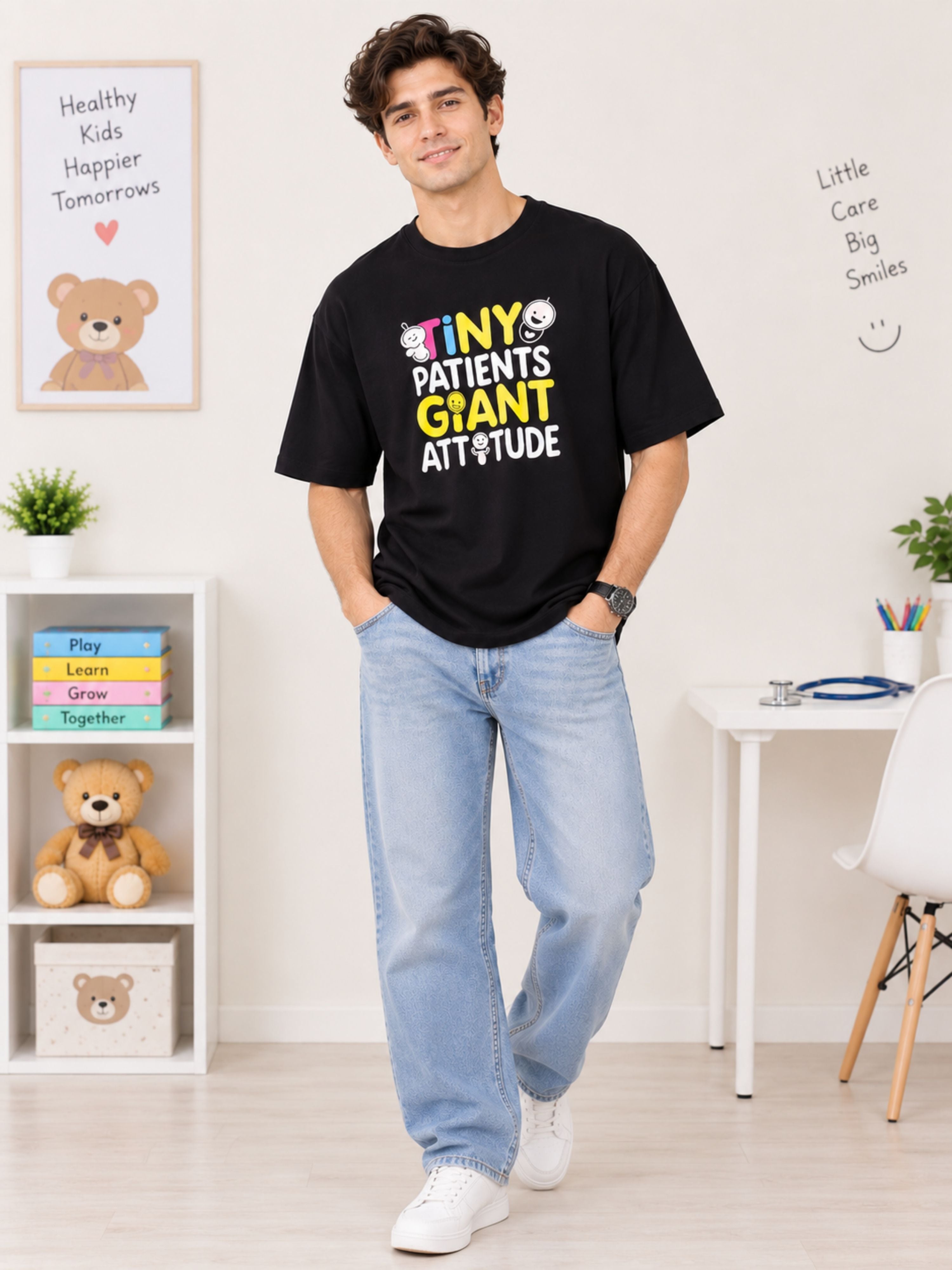 Paediatrician Quote Tshirt For Men oversized fit black tee with colorful tiny patients giant attitude print