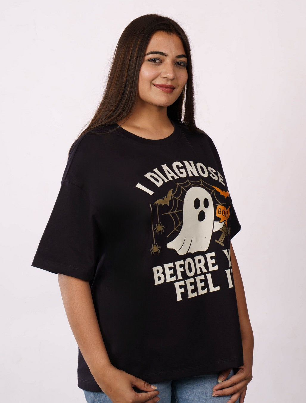 Pathologist Funky T Shirt For Women oversized fit black tee with ghost and spooky design