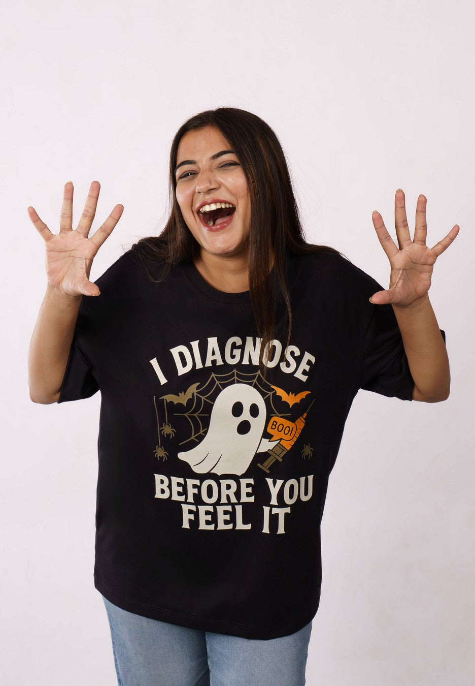 Pathologist Funky T Shirt For Women oversized fit black tee with ghost and Halloween design