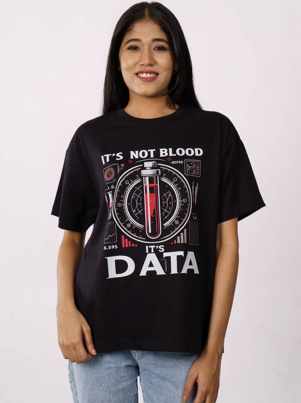Woman wearing oversized fit Pathologist Printed Tshirt For Women with data design in black from Bandar Baant Collections