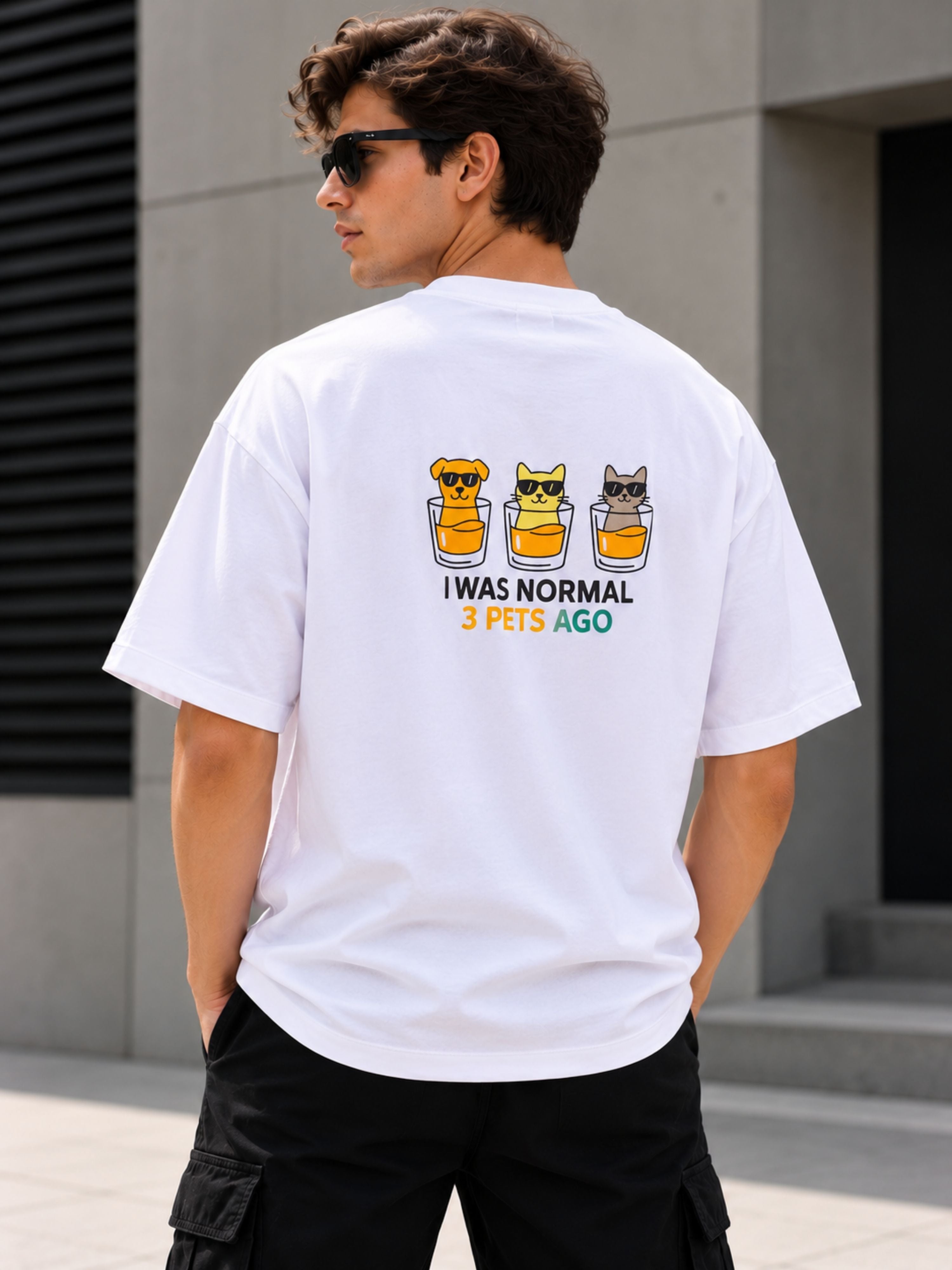 Bandar Baant Collections oversized fit Pet Lover Tshirt For Men white with funny 3 pets graphic
