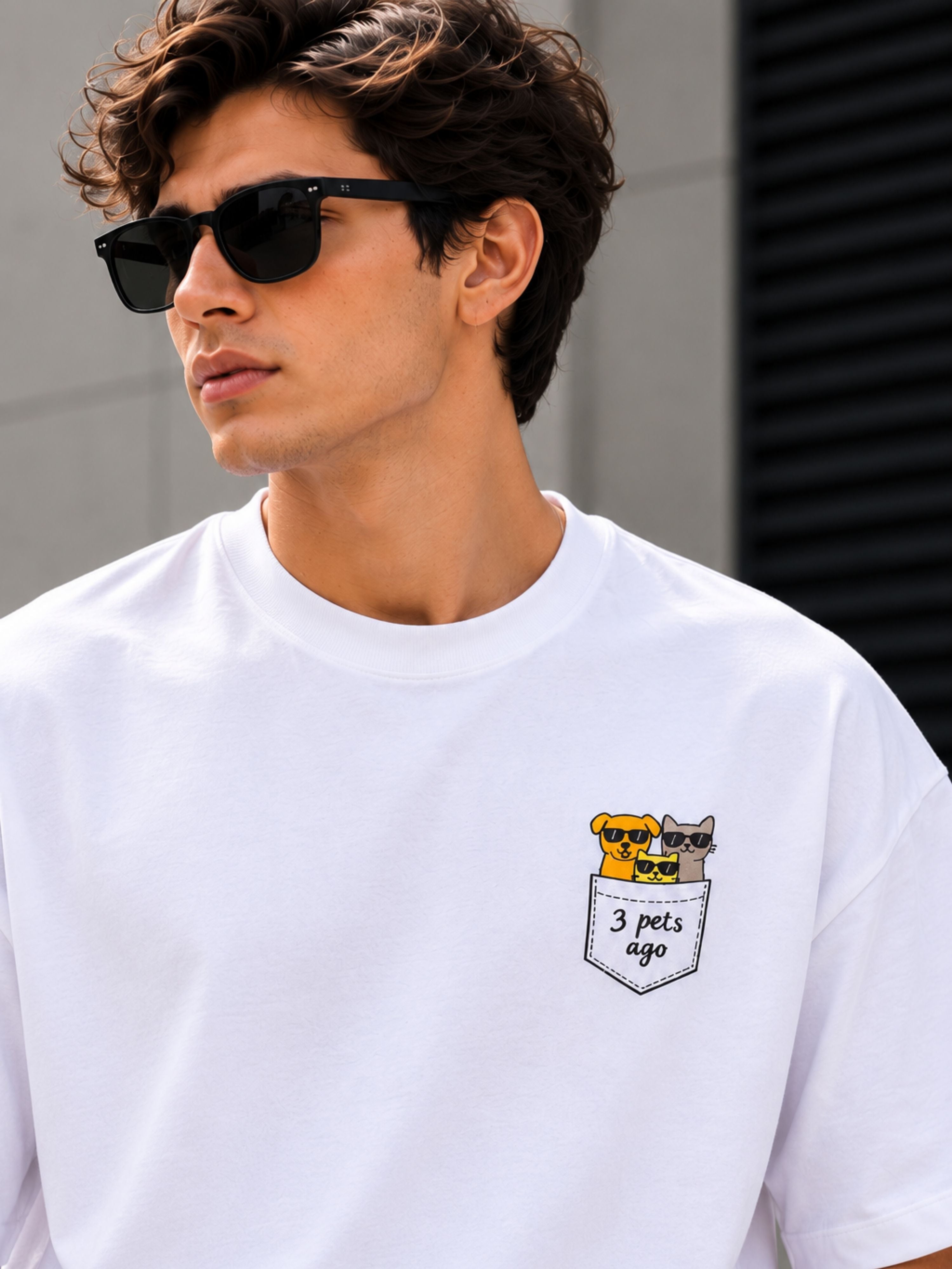 Oversized fit white Pet Lover Tshirt For Men with cute dog and cat print on pocket