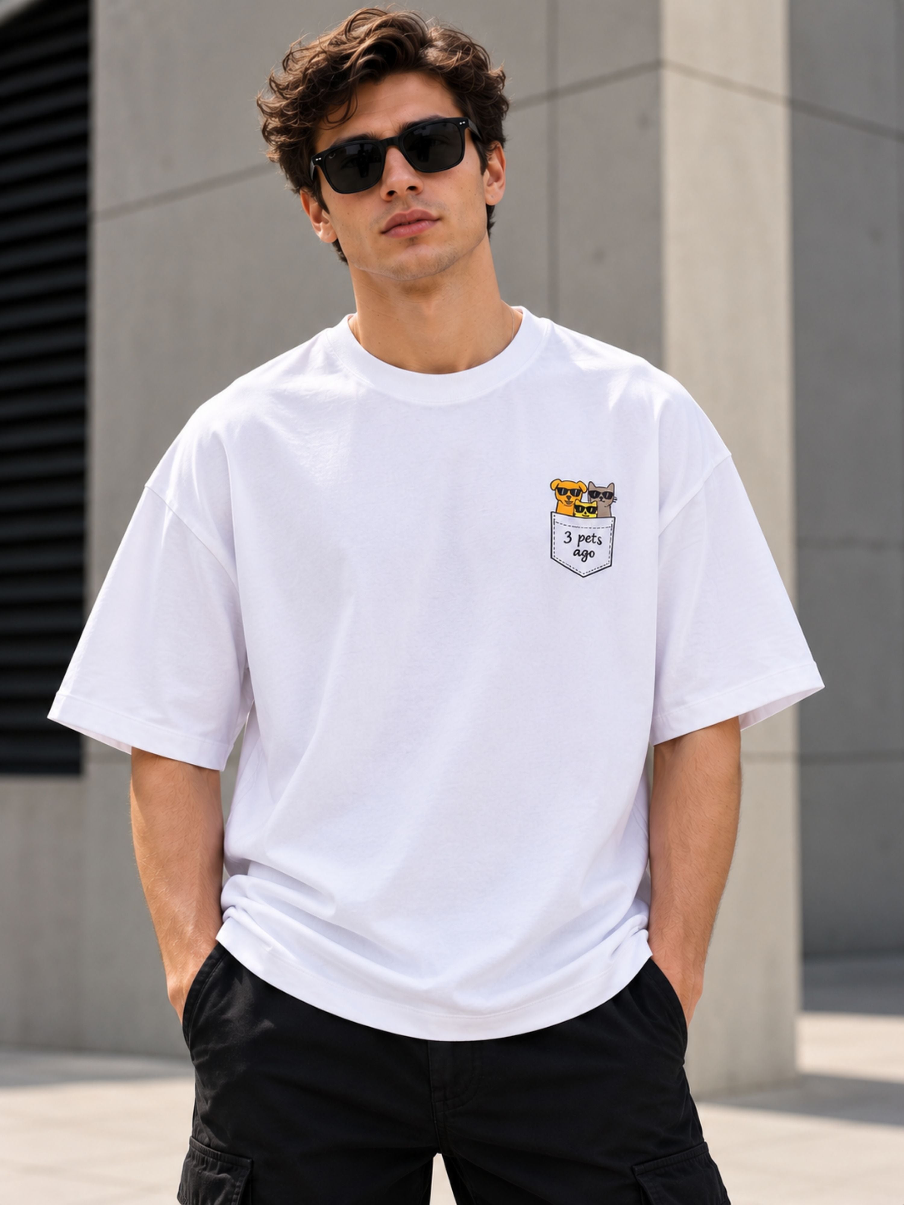 Oversized fit Pet Lover Tshirt For Men in white with small cartoon pets pocket design by Bandar Baant Collections