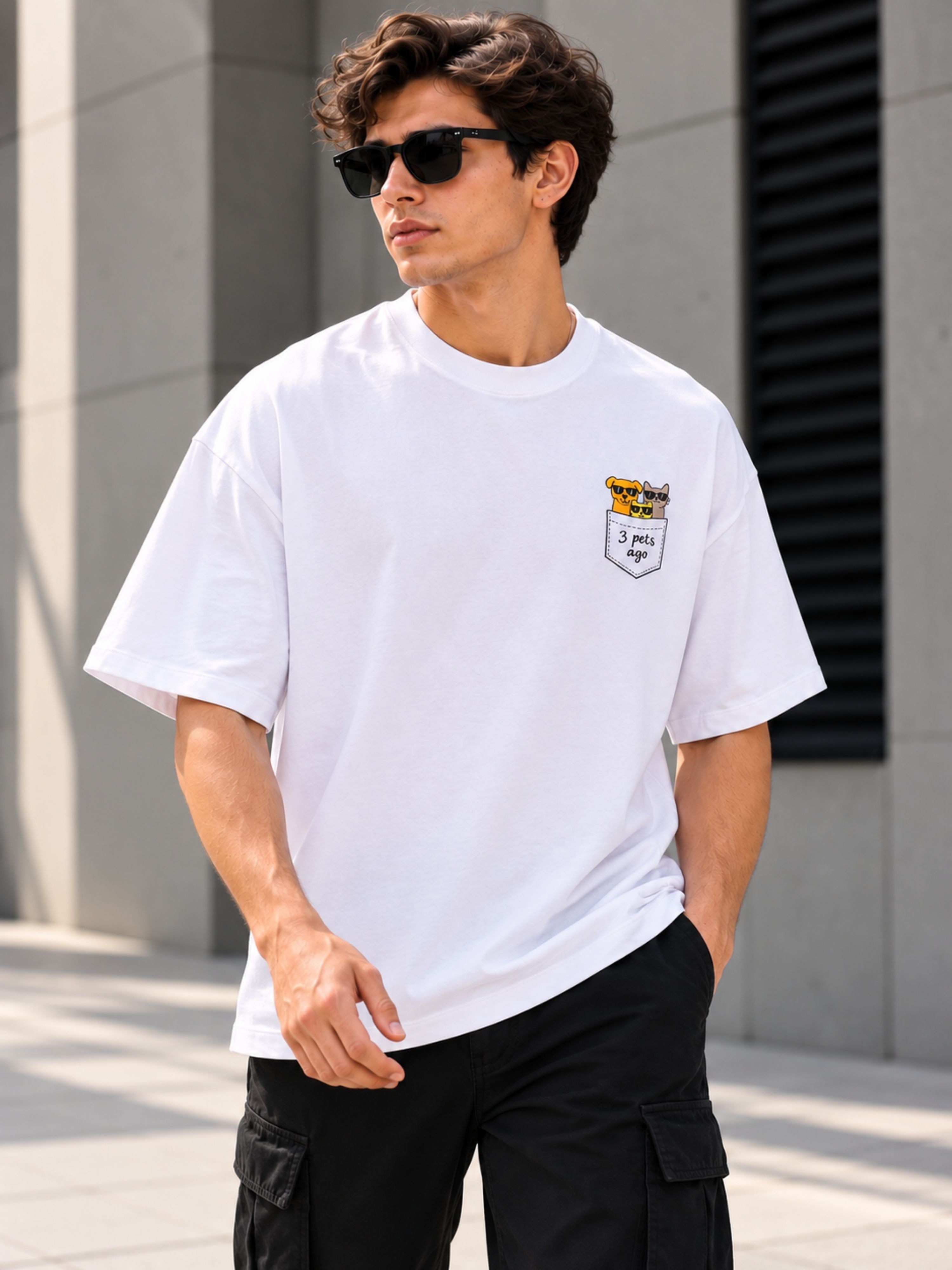 Oversized fit white Pet Lover Tshirt For Men by Bandar Baant Collections with small pet graphic on pocket
