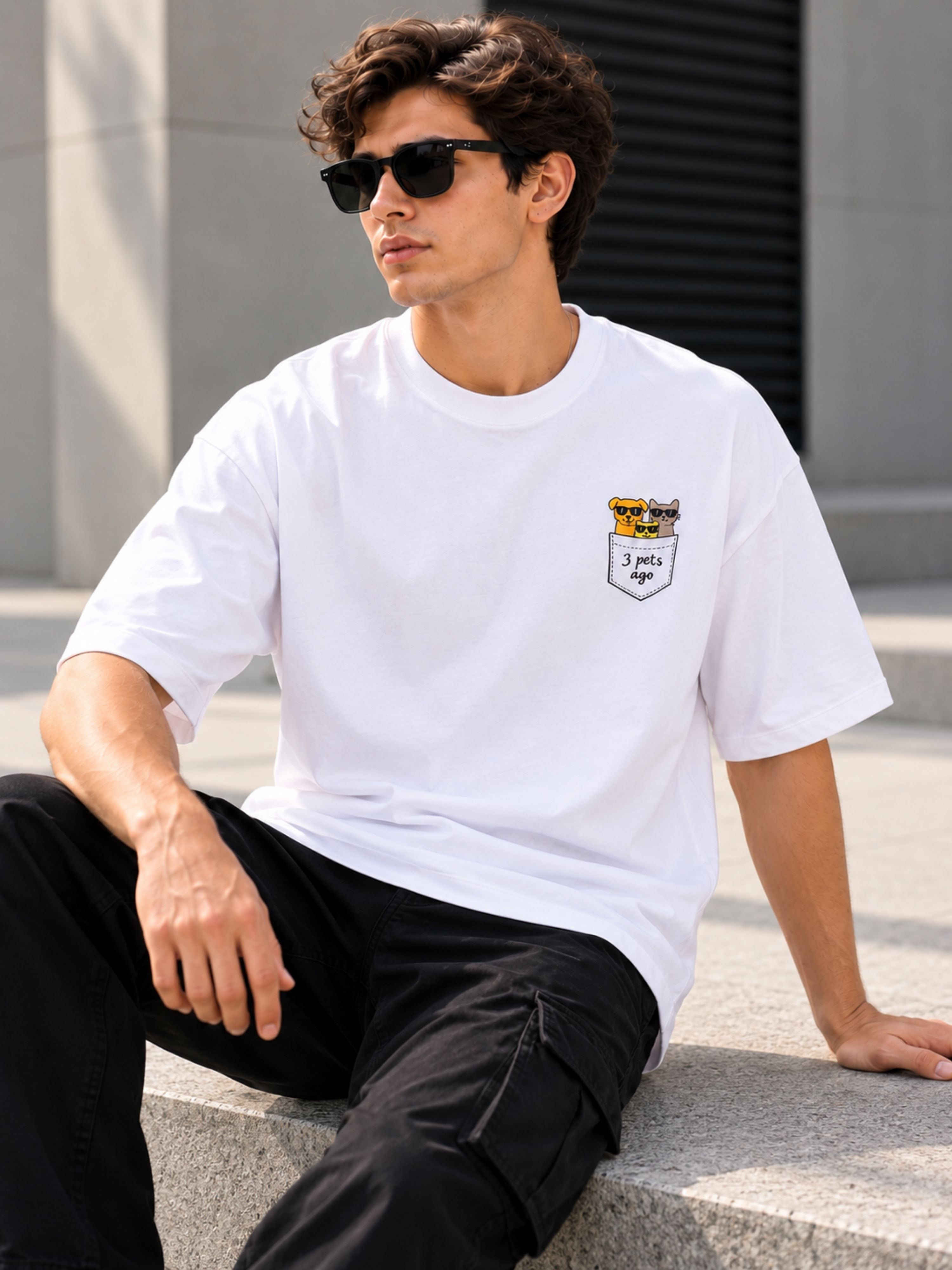 Pet Lover Tshirt For Men oversized fit white tee with cute pet graphic pocket design