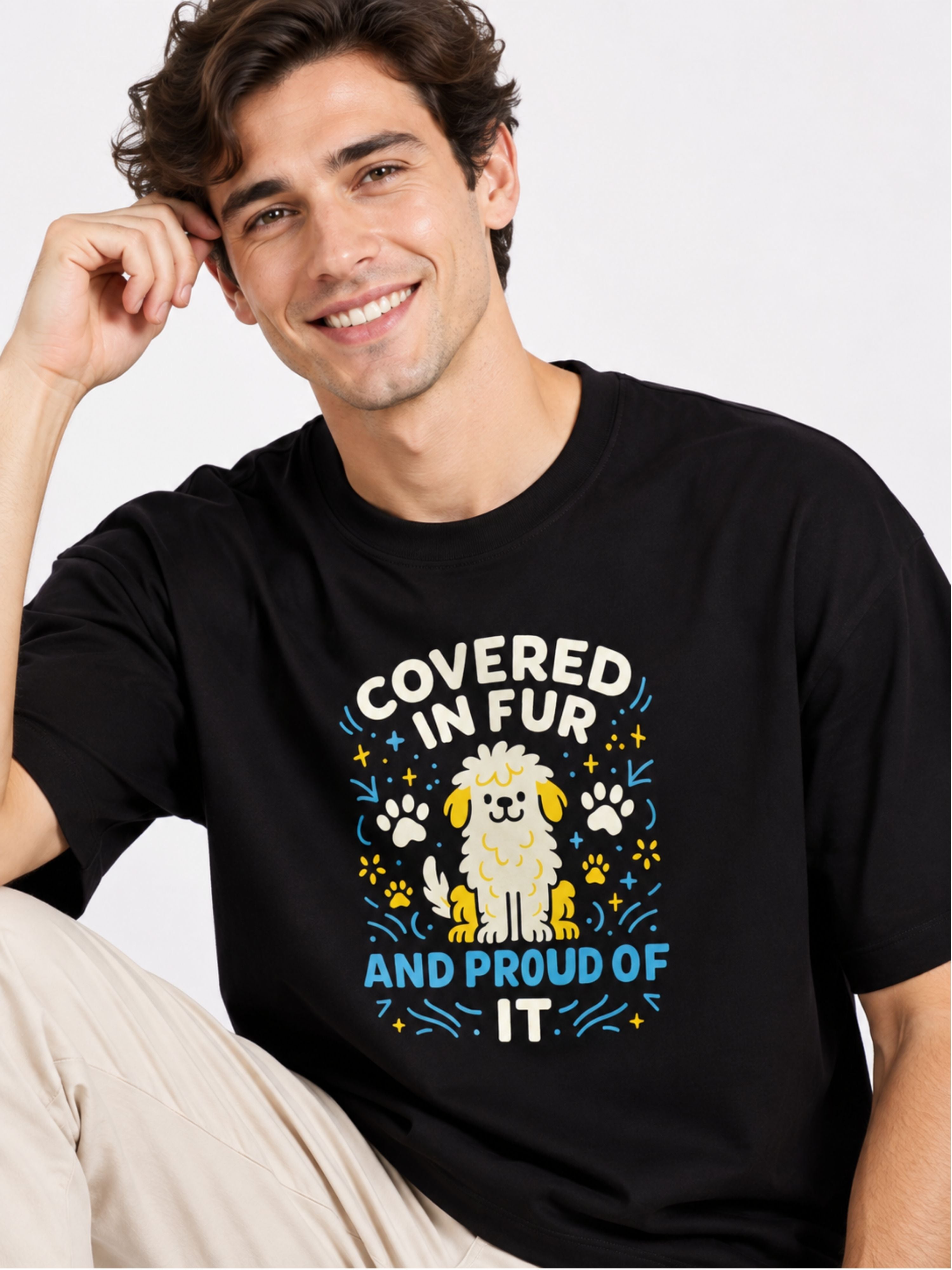 Oversized fit Pet Lovers T-shirt For Men in black featuring a cute cartoon dog and paw prints design