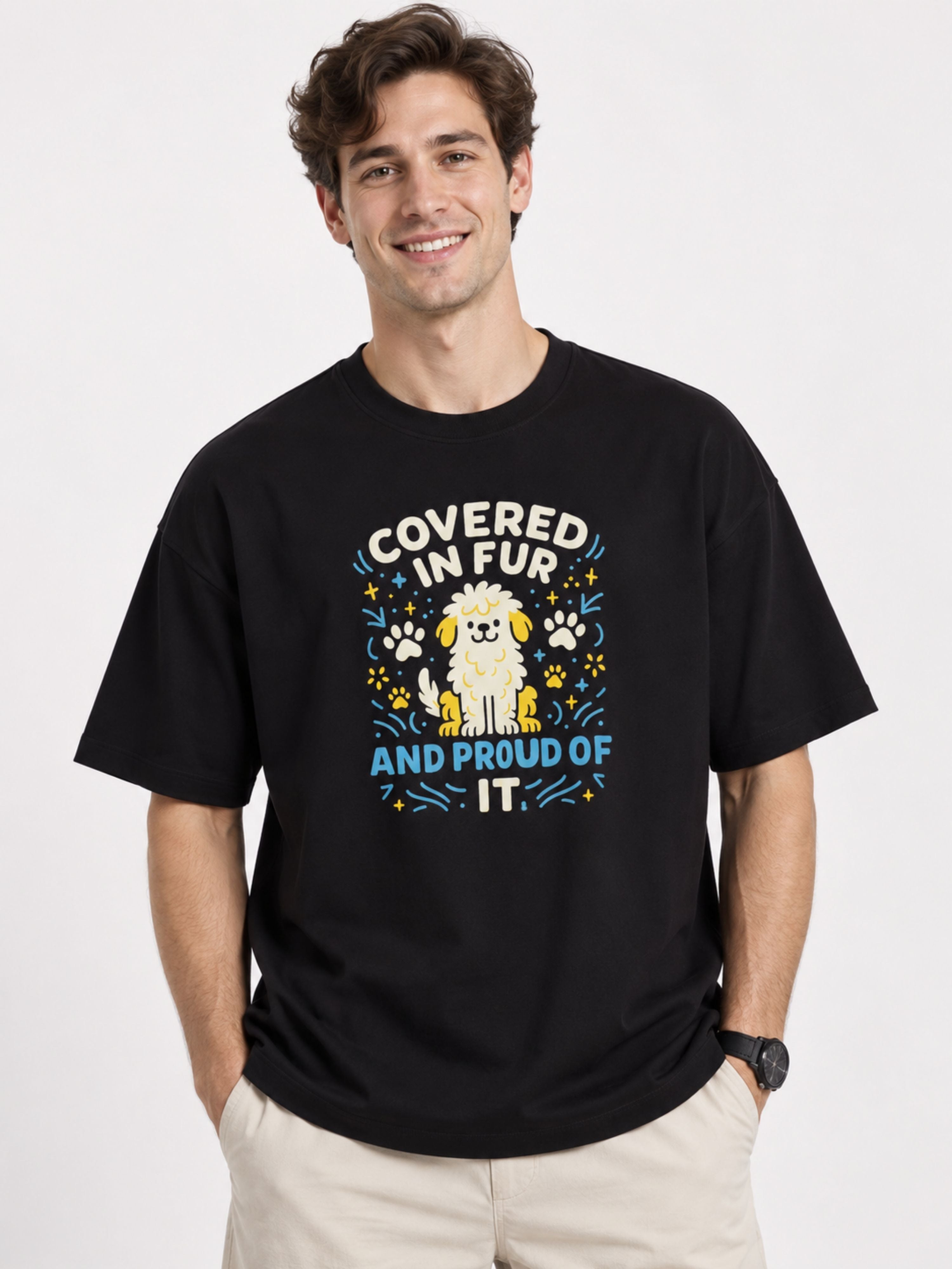 Oversized fit Pet Lovers T-shirt For Men in black with cartoon dog graphic and text design