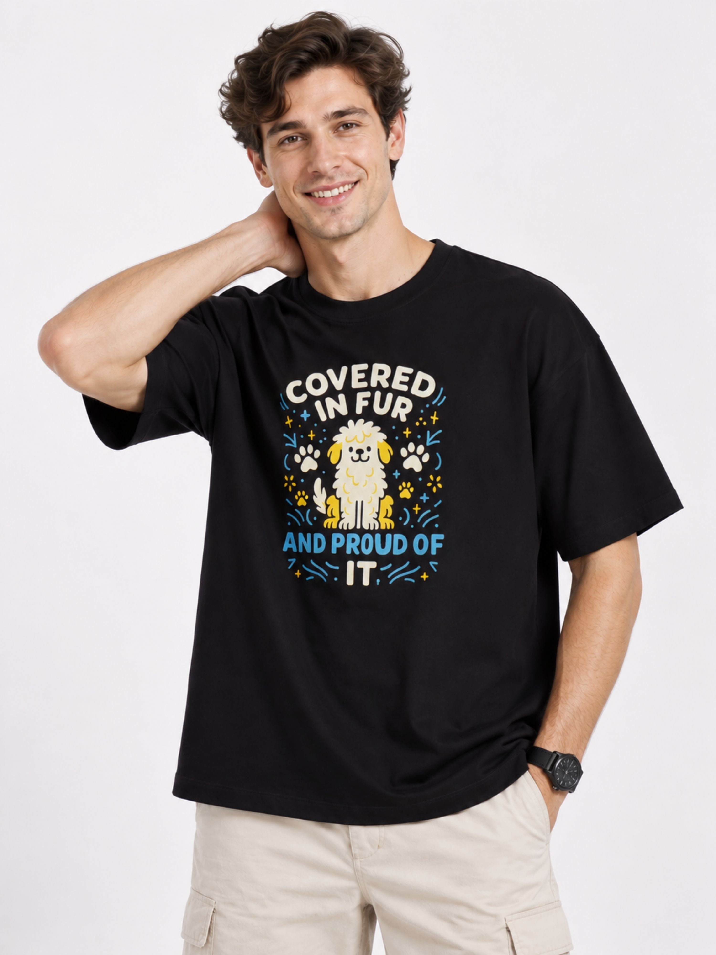 Pet Lovers T-shirt For Men oversized fit black tee with dog graphic and text covered in fur design