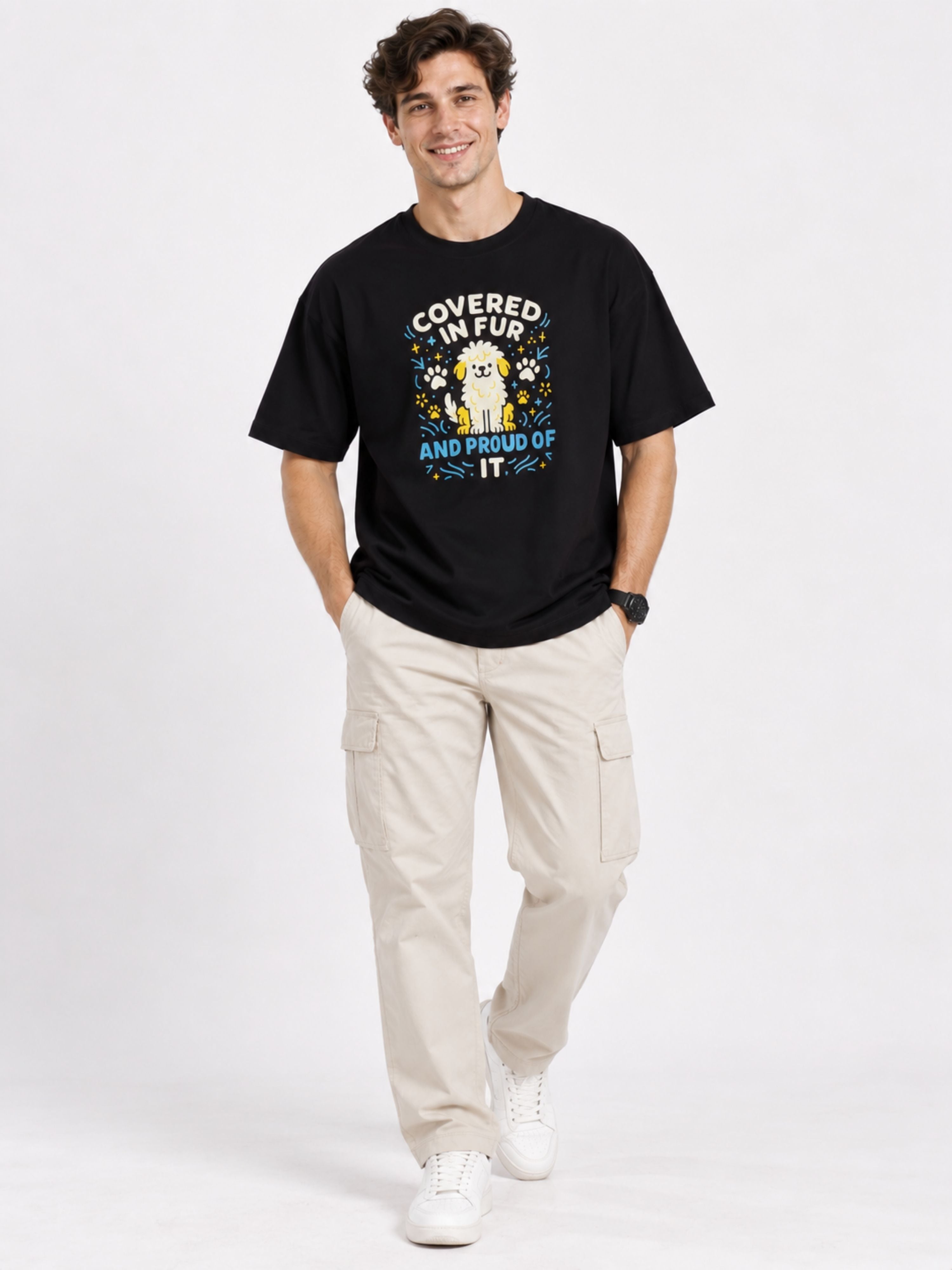 Pet Lovers T-shirt For Men oversized fit black tee with dog graphic and text worn by smiling man