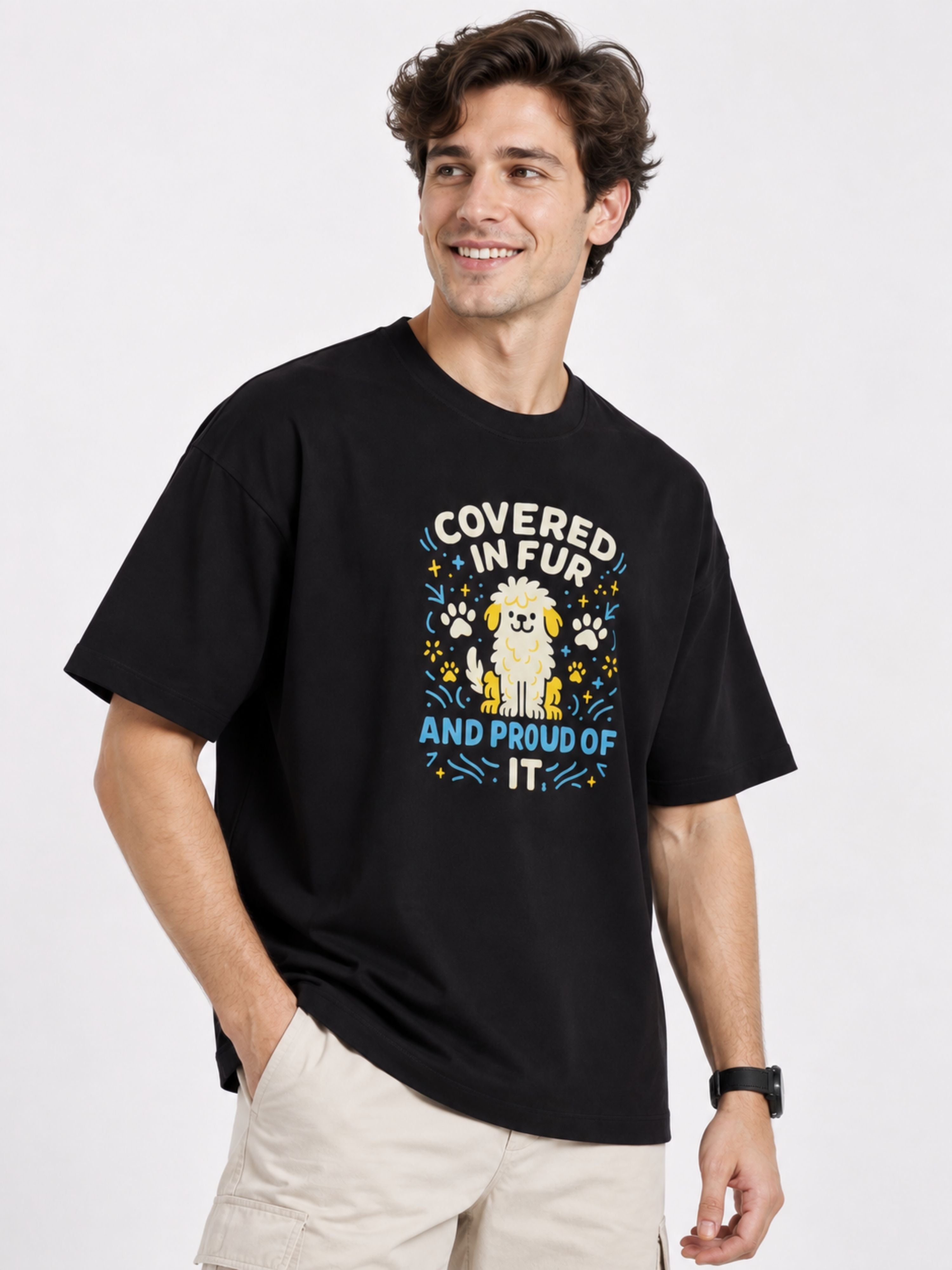 Black oversized fit Pet Lovers T-shirt For Men with covered in fur and proud graphic design