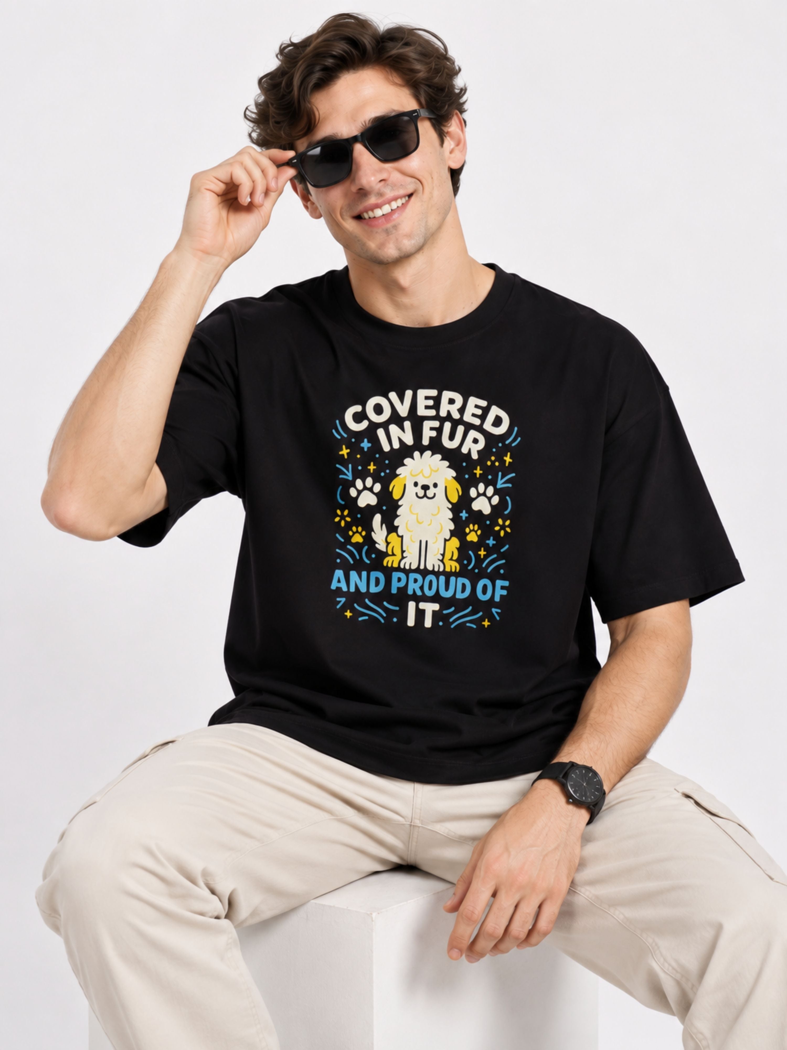 Pet Lovers T-shirt For Men oversized fit in black with graphic design and text covered in fur and proud of it