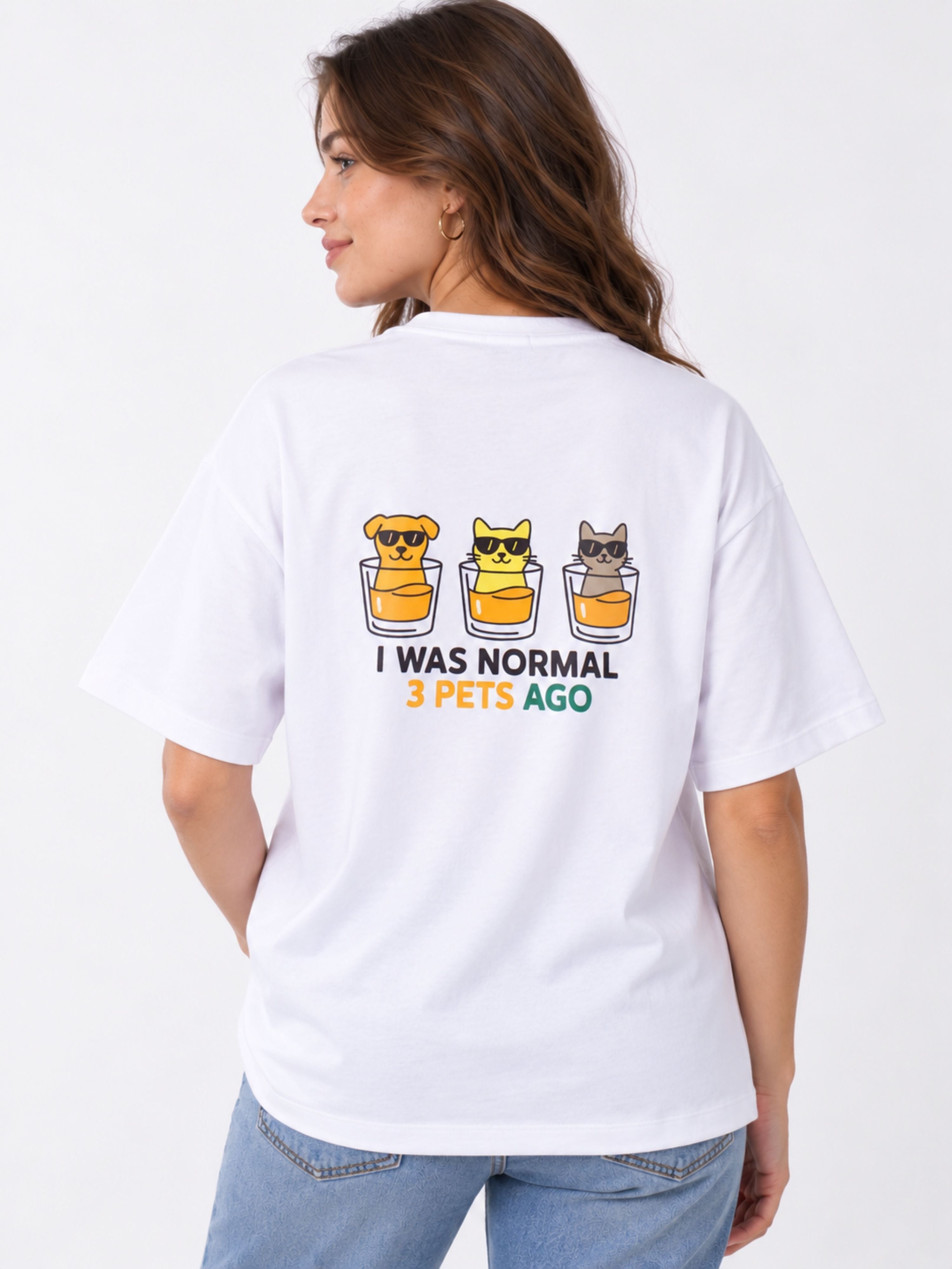 White oversized fit Pet Lovers T-shirt For Women with three cartoon pets and text I was normal 3 pets ago