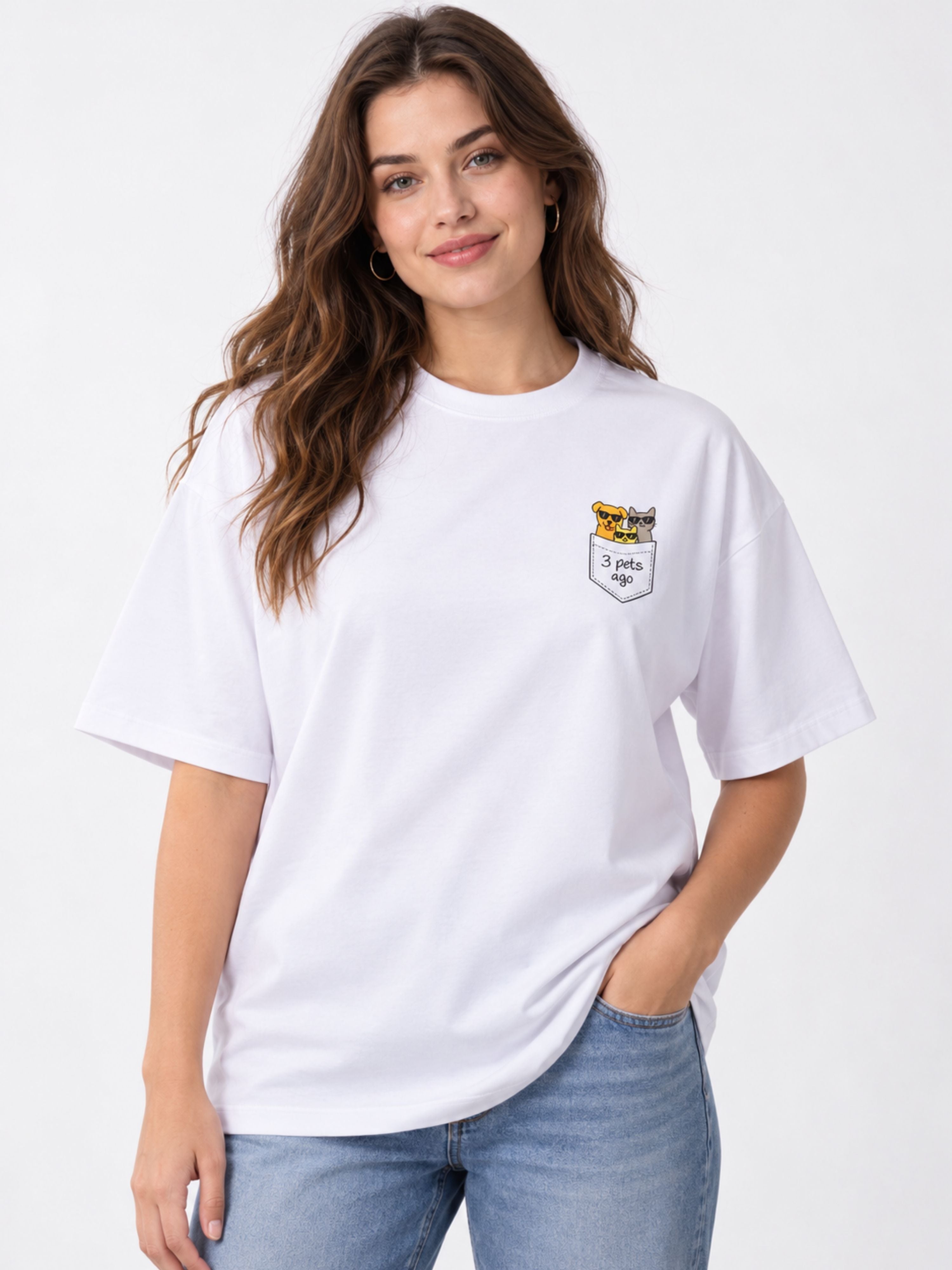 White oversized fit Pet Lovers T-shirt For Women with small pet design on chest pocket