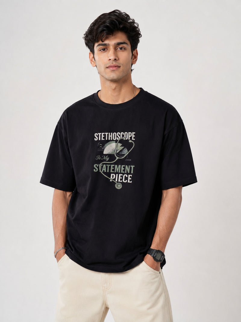 Black oversized fit Physician Cool Printed Tshirt For Men with stethoscope graphic and text statement