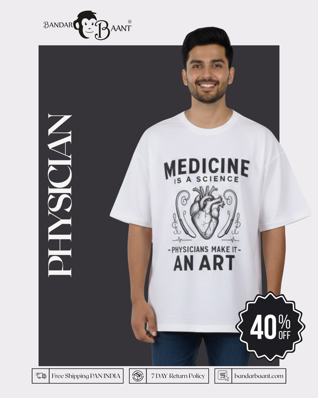 Physician Oversized Graphic Tshirt For Men white tee with medicine science art design from Bandar Baant Collections