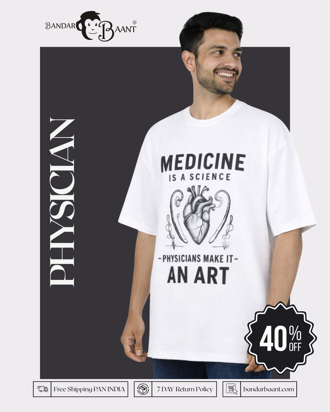 Physician Oversized Graphic Tshirt For Men in white with medical heart design by Bandar Baant Collections