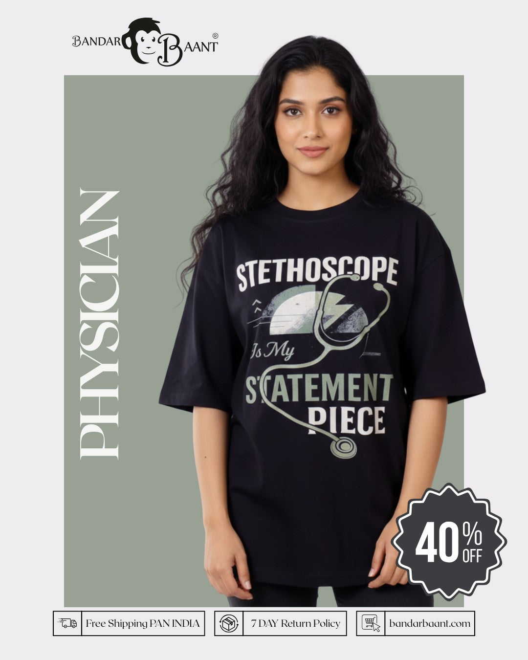 Physician Oversized Trendy Tshirt For Women black oversized fit tshirt with stethoscope graphic and statement text