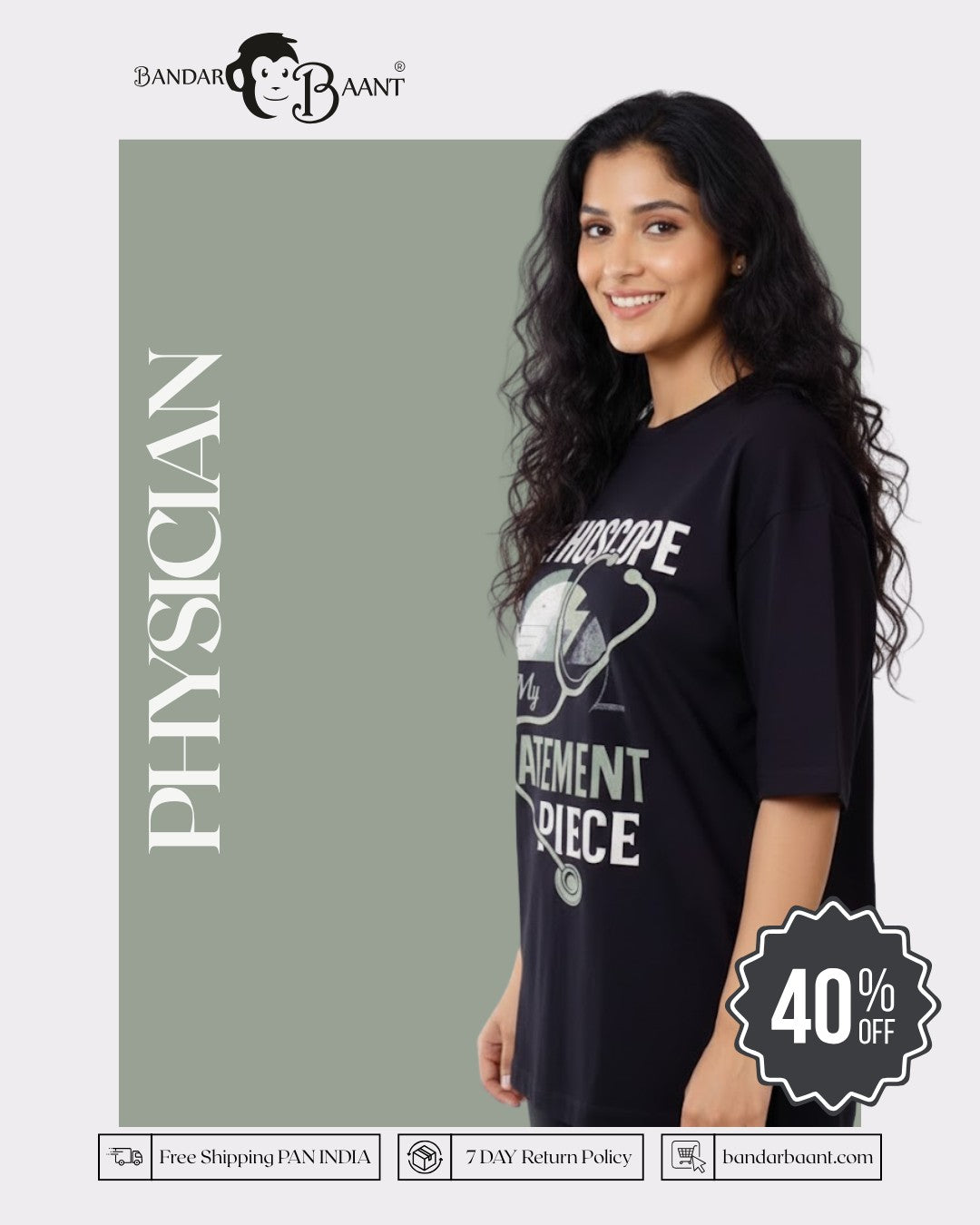 Physician Oversized Trendy Tshirt For Women in black with stethoscope print by Bandar Baant Collections