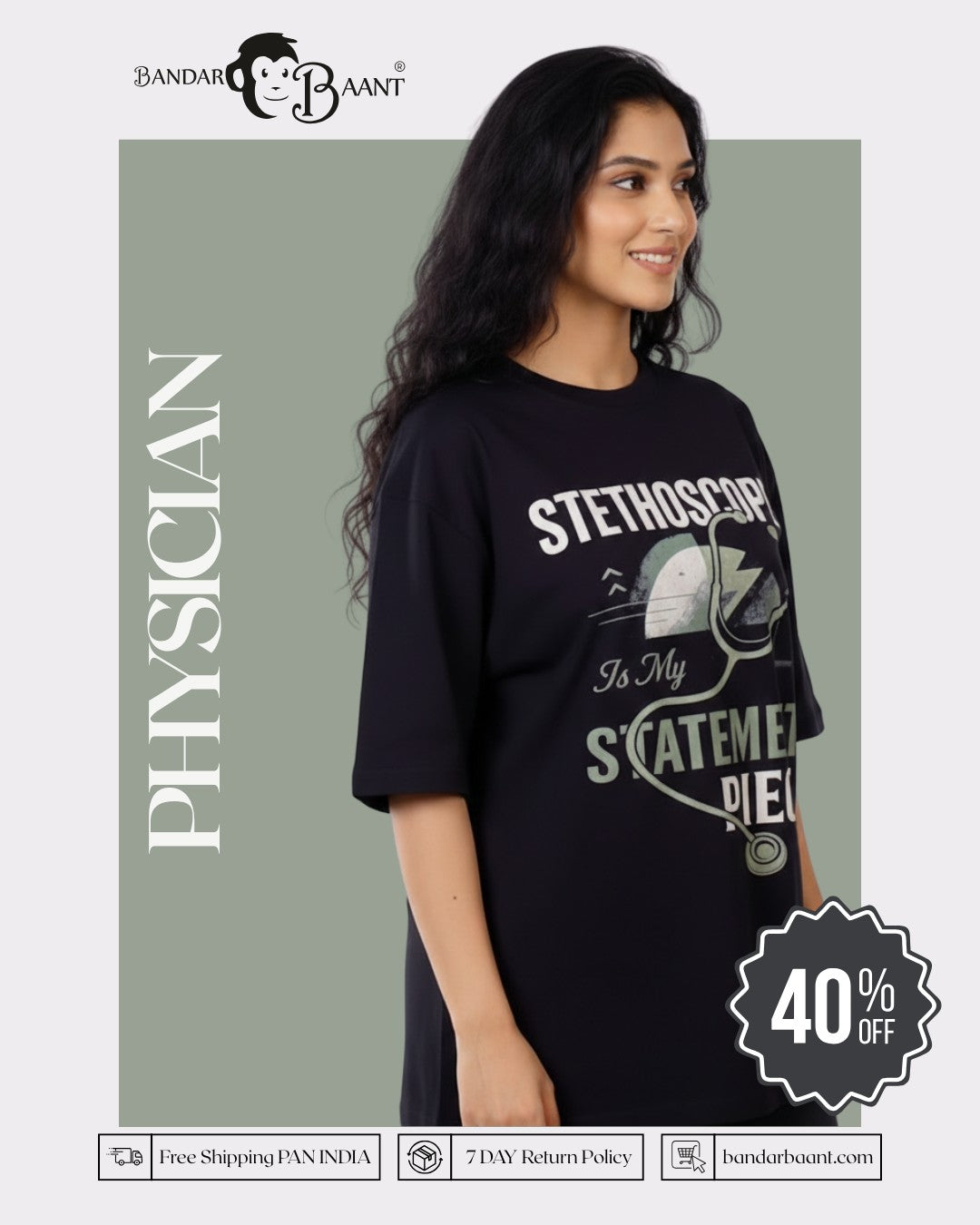 Physician Oversized Trendy Tshirt For Women black oversized fit t-shirt with stethoscope graphic by Bandar Baant Collections