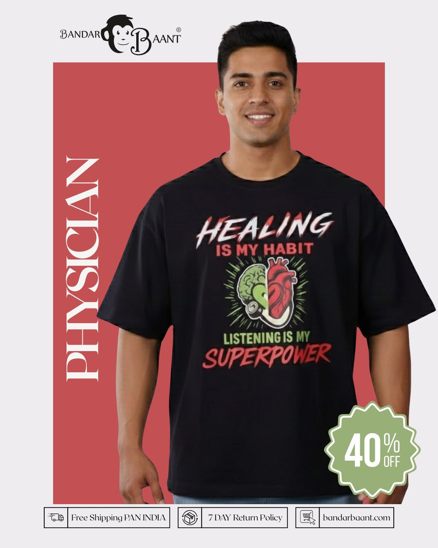 Physician Oversized Tshirt For Men in black with healing and superpower graphic print by Bandar Baant Collections