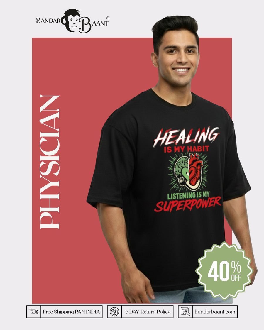 Physician Oversized Tshirt For Men black with healing graphic and superpower text by Bandar Baant Collections