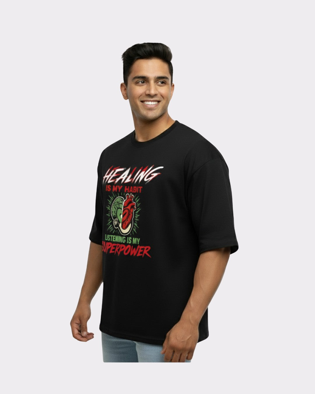 Physician Oversized Tshirt For Men black oversized fit Tshirt with healing and superpower graphic print