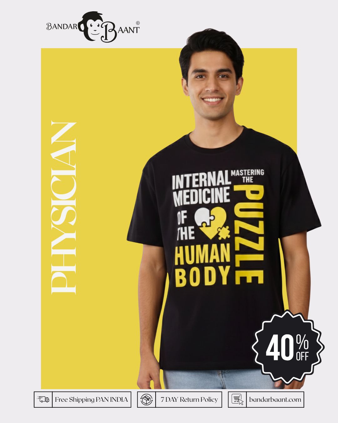 Physician Oversized Tshirt For Men black tee with medical puzzle graphic and text design