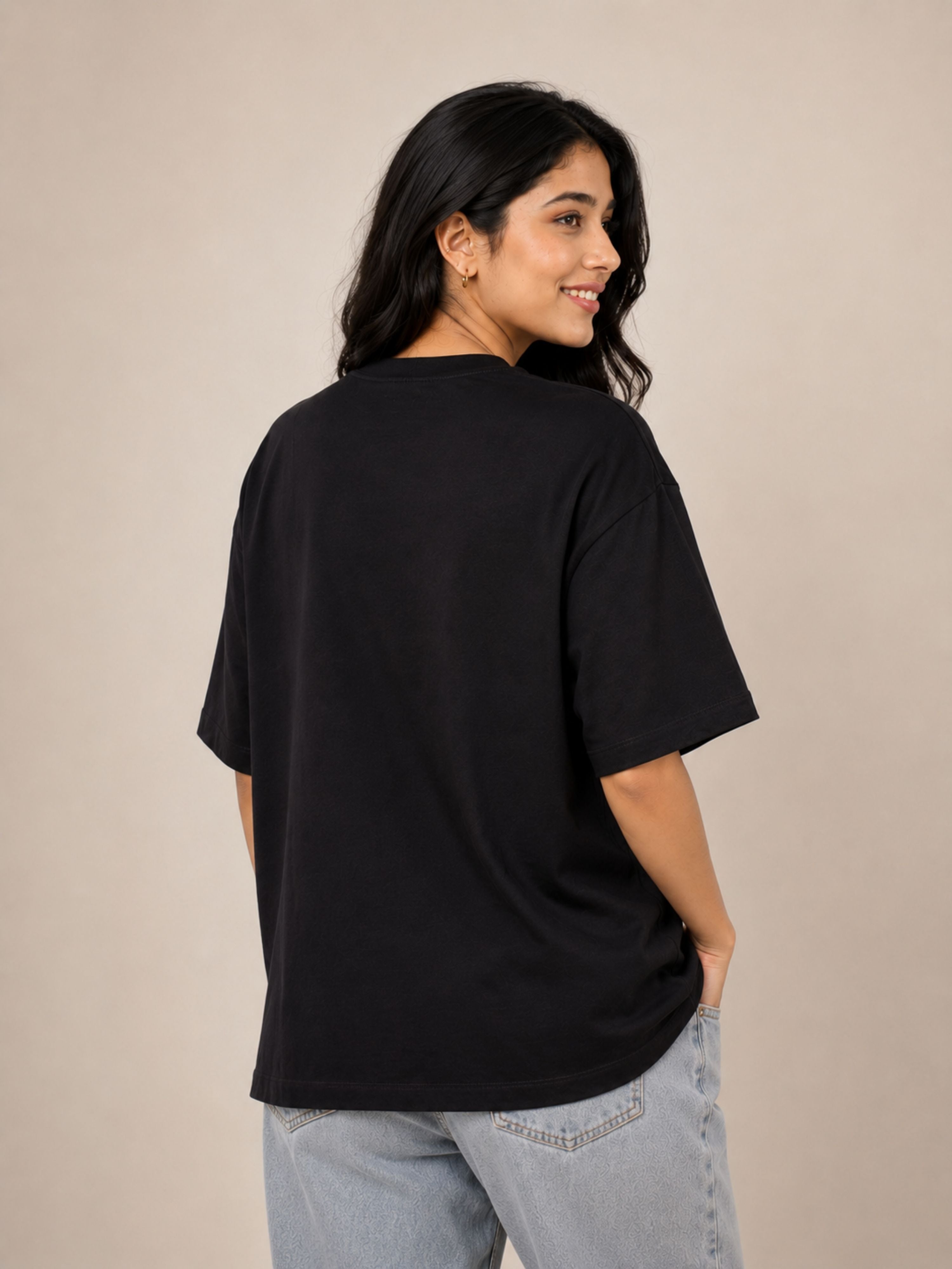 Black oversized fit Physician T-shirt For Women from Bandar Baant Collections worn by model from back