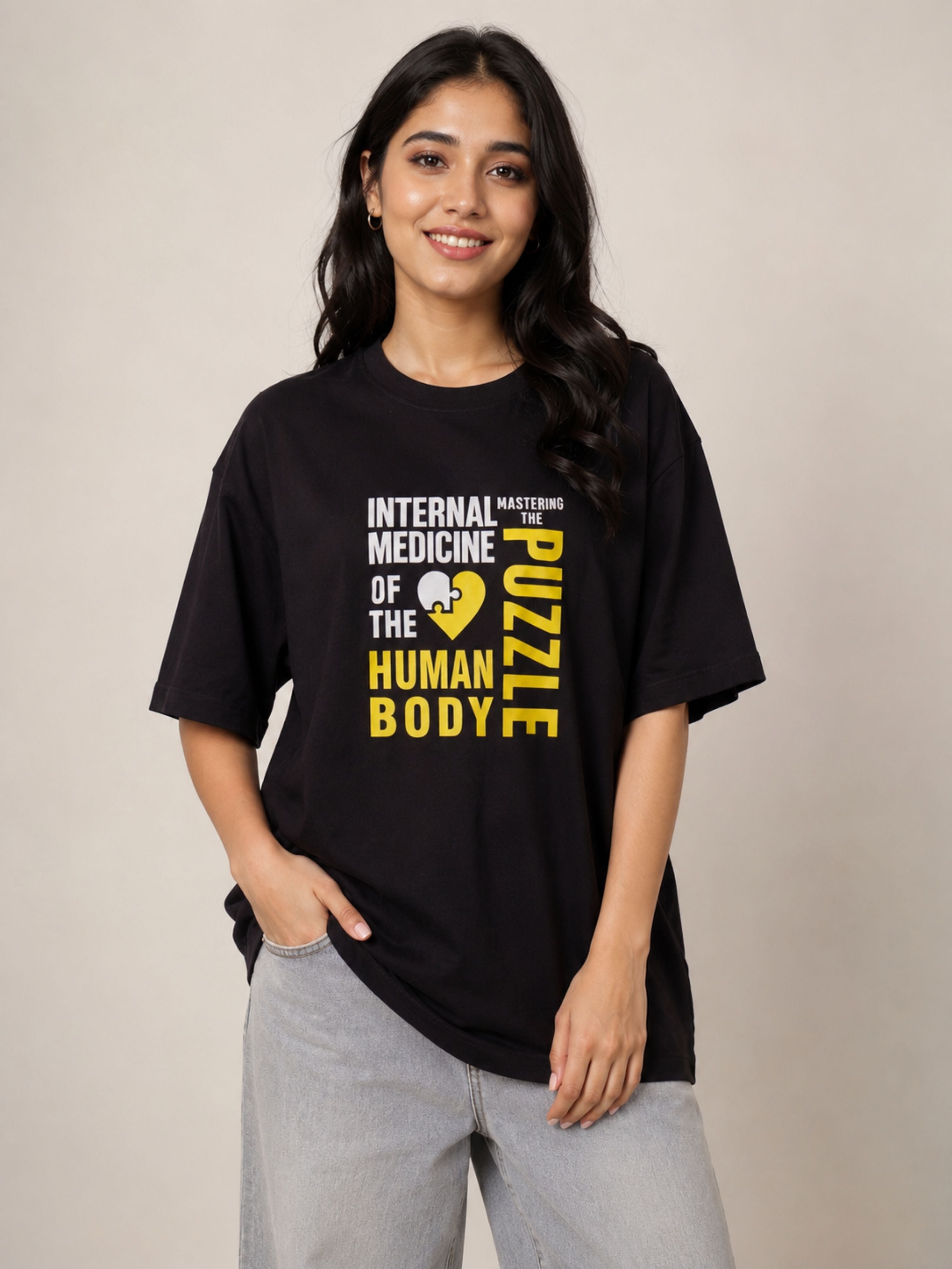 Black oversized fit Physician T-shirt For Women with internal medicine puzzle print