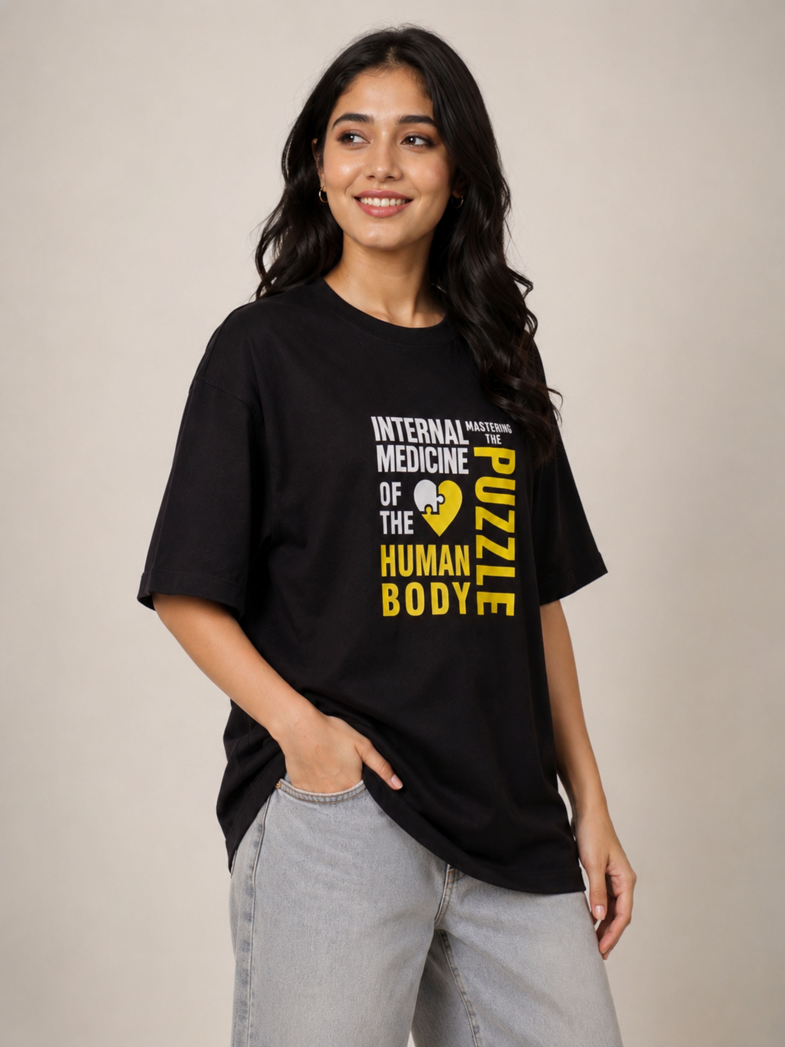 Bandar Baant Collections oversized fit Physician T-shirt For Women in black with medical graphic design