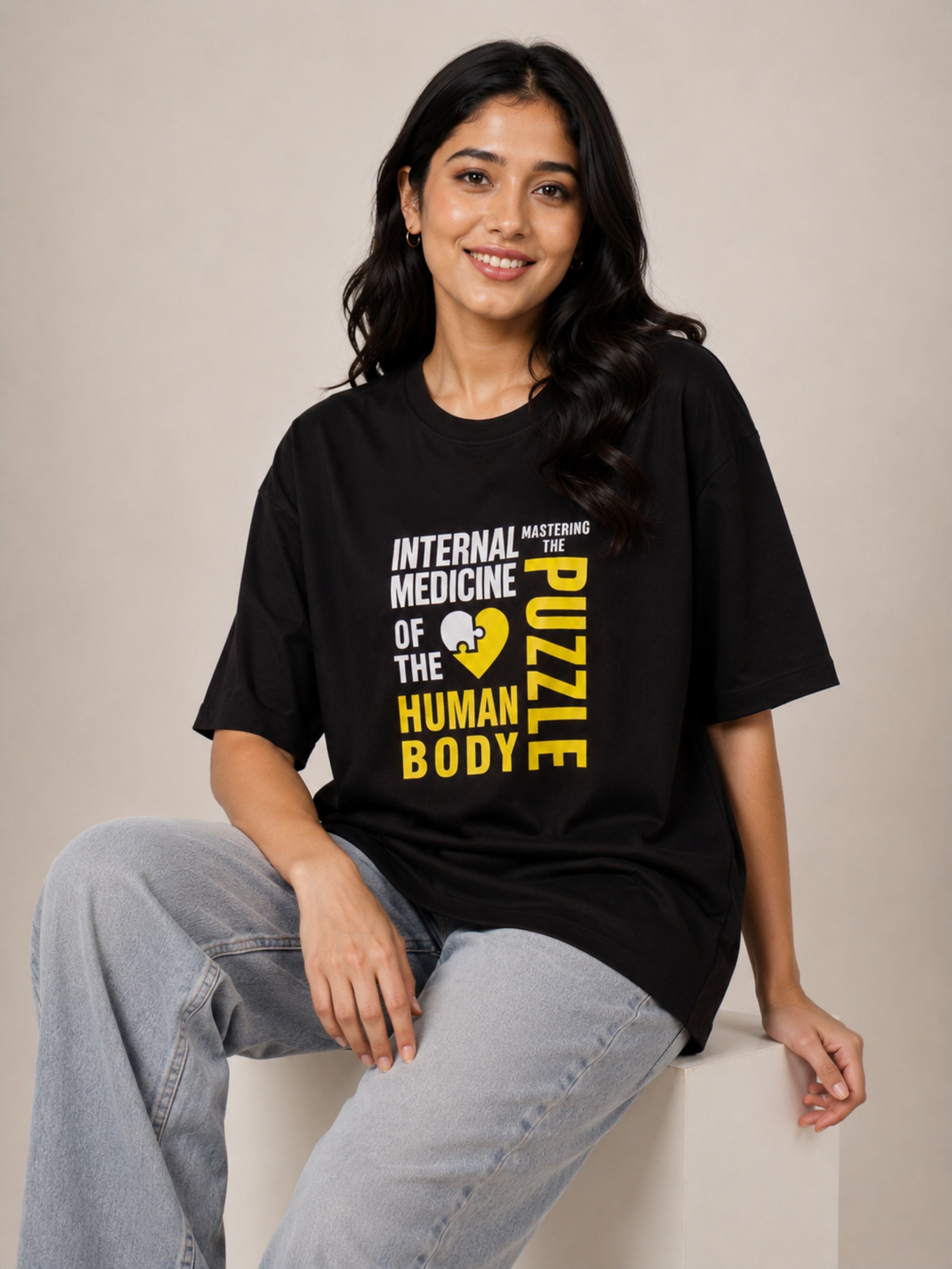 Physician T-shirt For Women oversized fit black tee with medical text graphic by Bandar Baant Collections