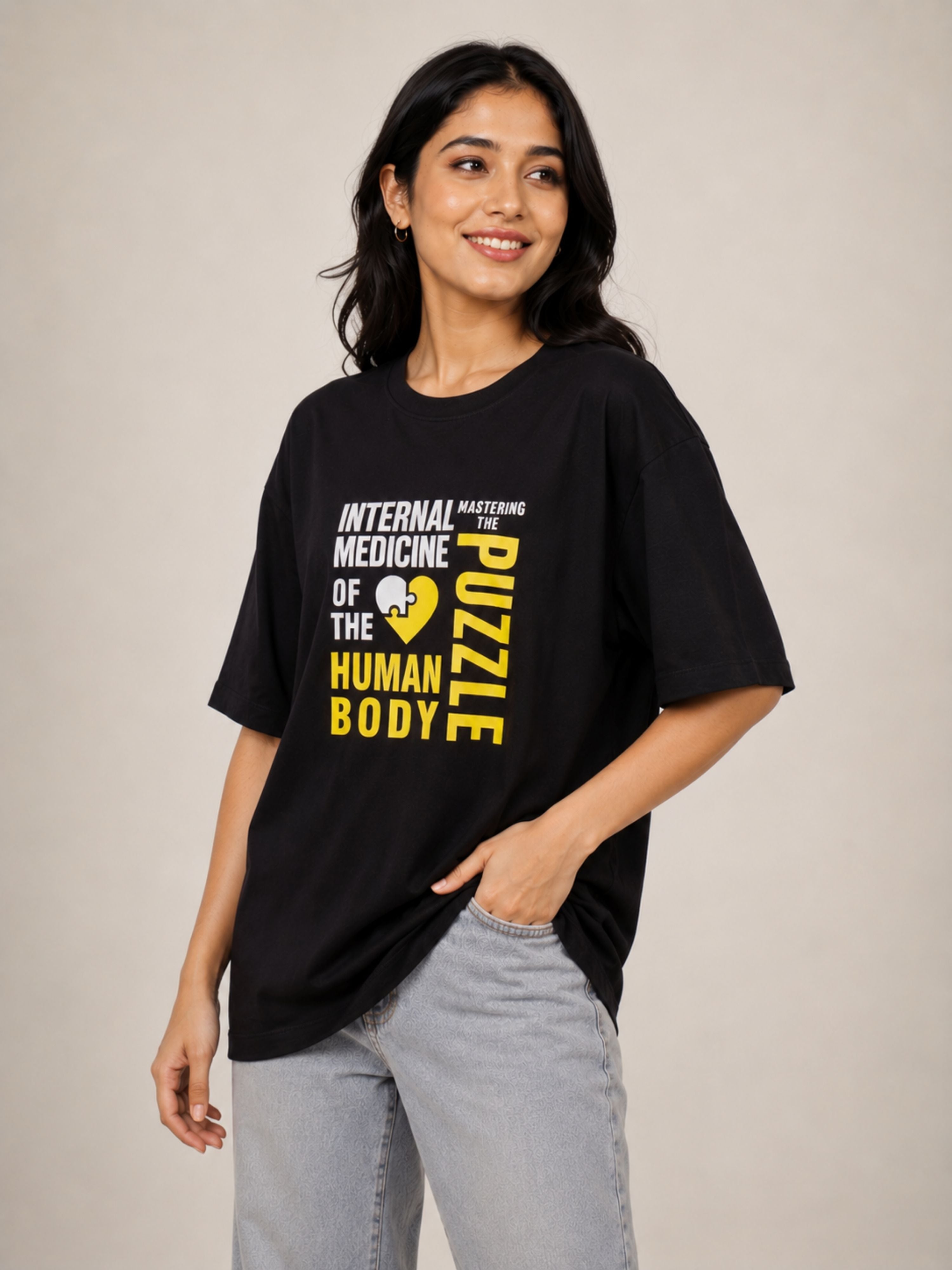 Bandar Baant Collections oversized fit Physician T-shirt For Women in black with medical puzzle print