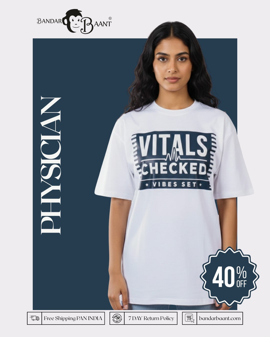 Physician Trendy T-shirt For Women oversized fit white tshirt with vitals checked print