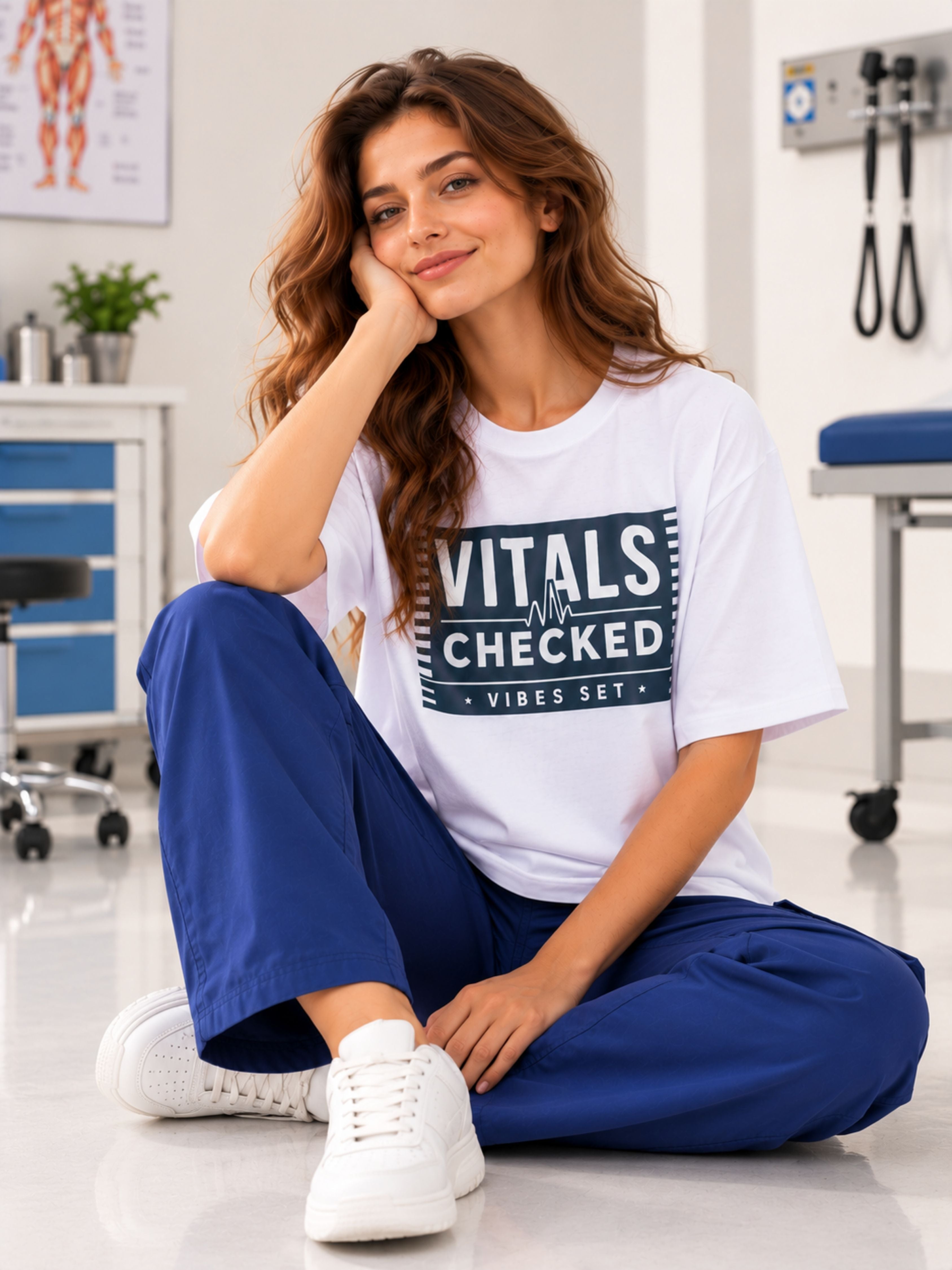 Physician Trendy T-shirt For Women oversized fit white shirt with vitals checked print worn by woman