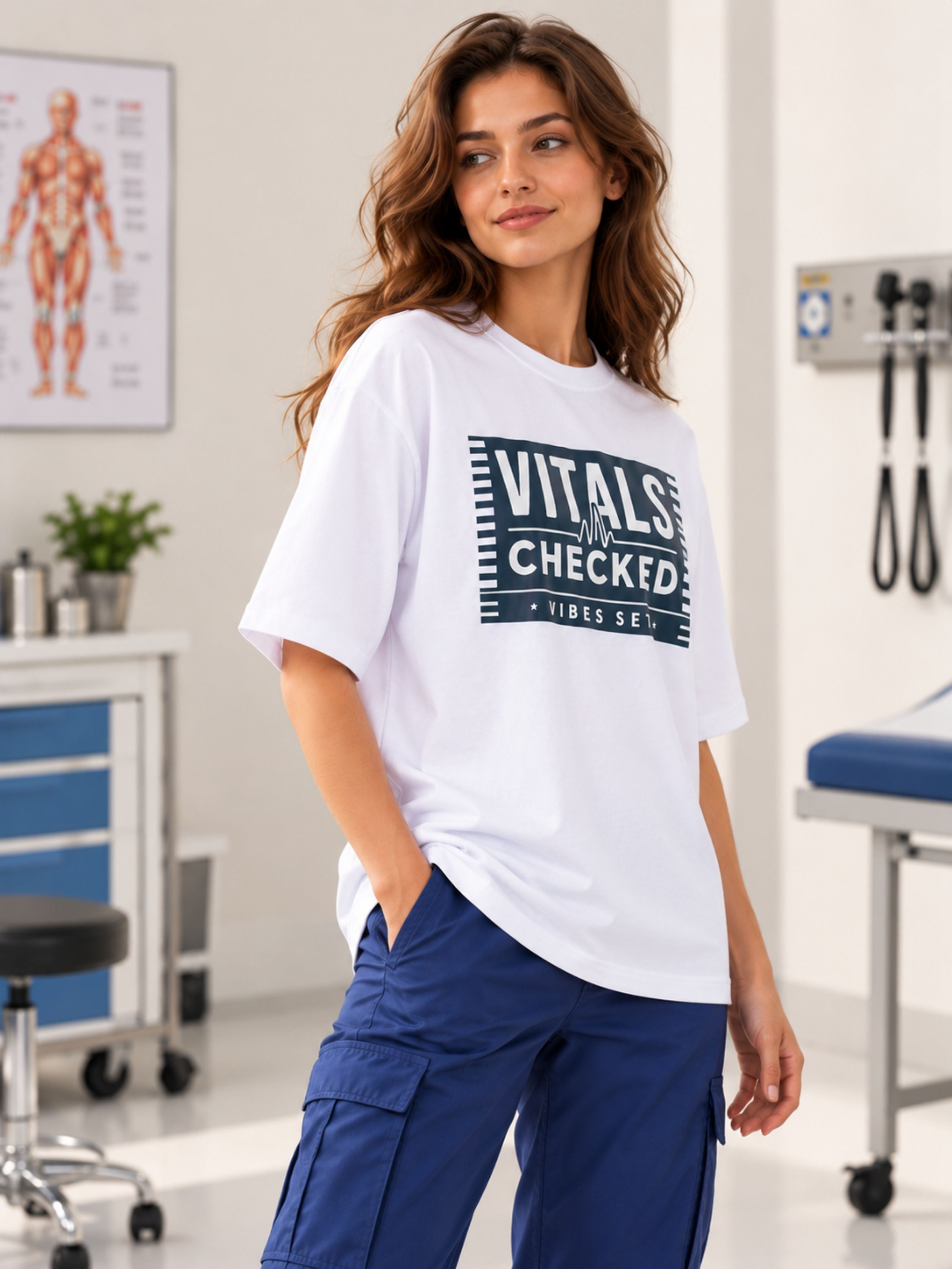 Physician Trendy T-shirt For Women oversized fit white shirt with vitals checked print by Bandar Baant Collections