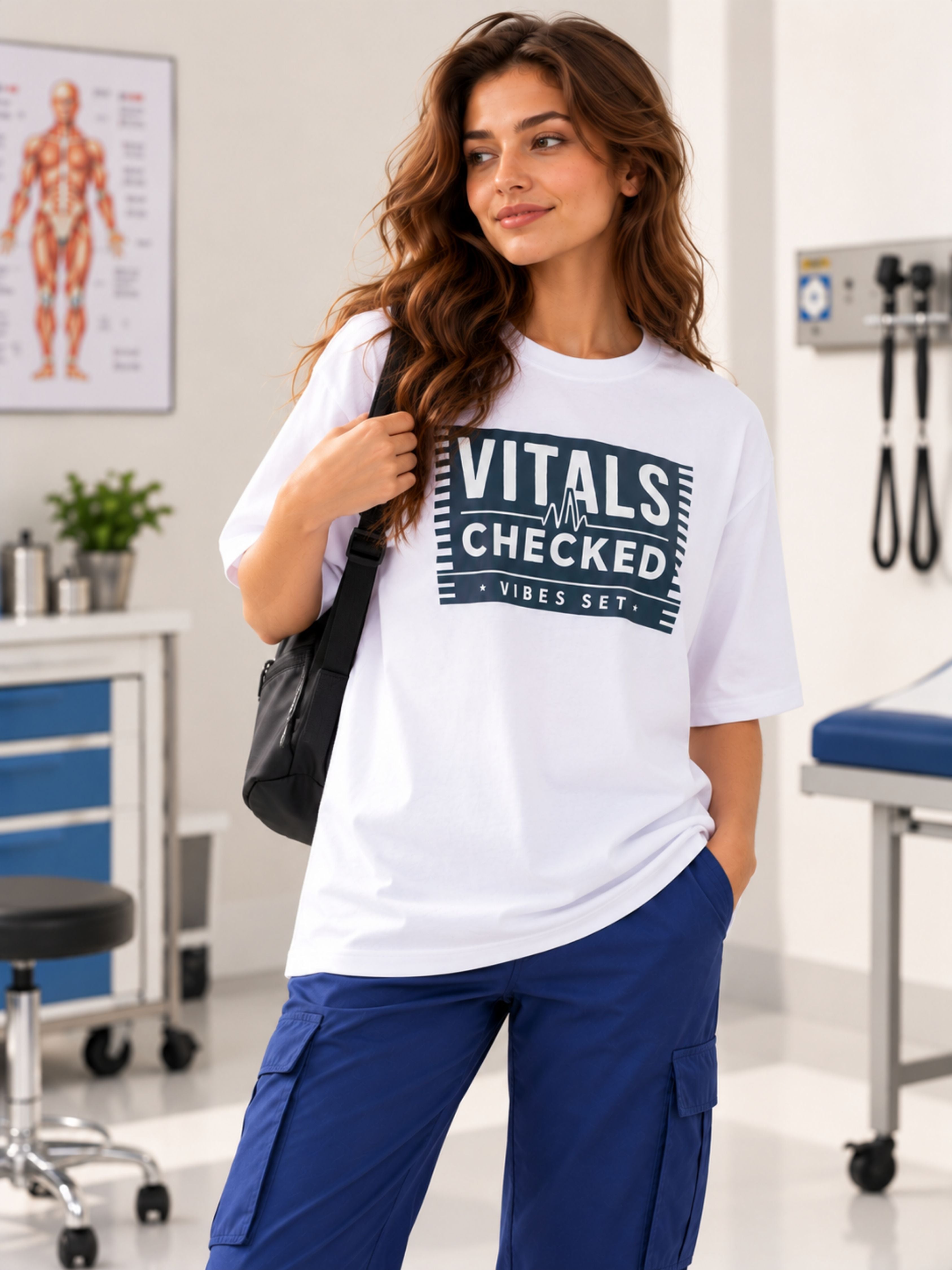 Physician Trendy T-shirt For Women oversized fit white tee with vitals checked print by Bandar Baant Collections