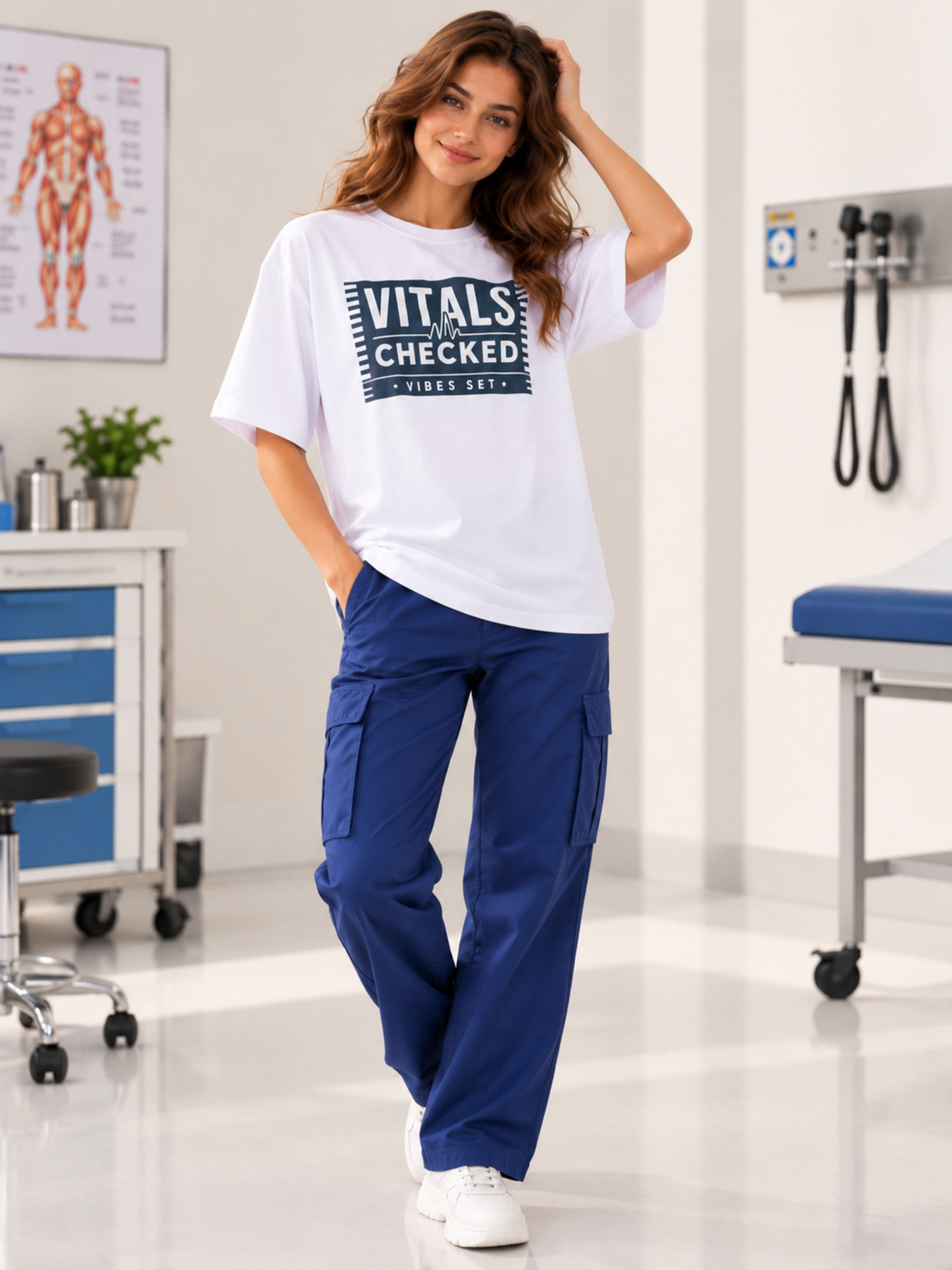 Physician Trendy T-shirt For Women oversized fit white tshirt with Vitals Checked print by Bandar Baant Collections
