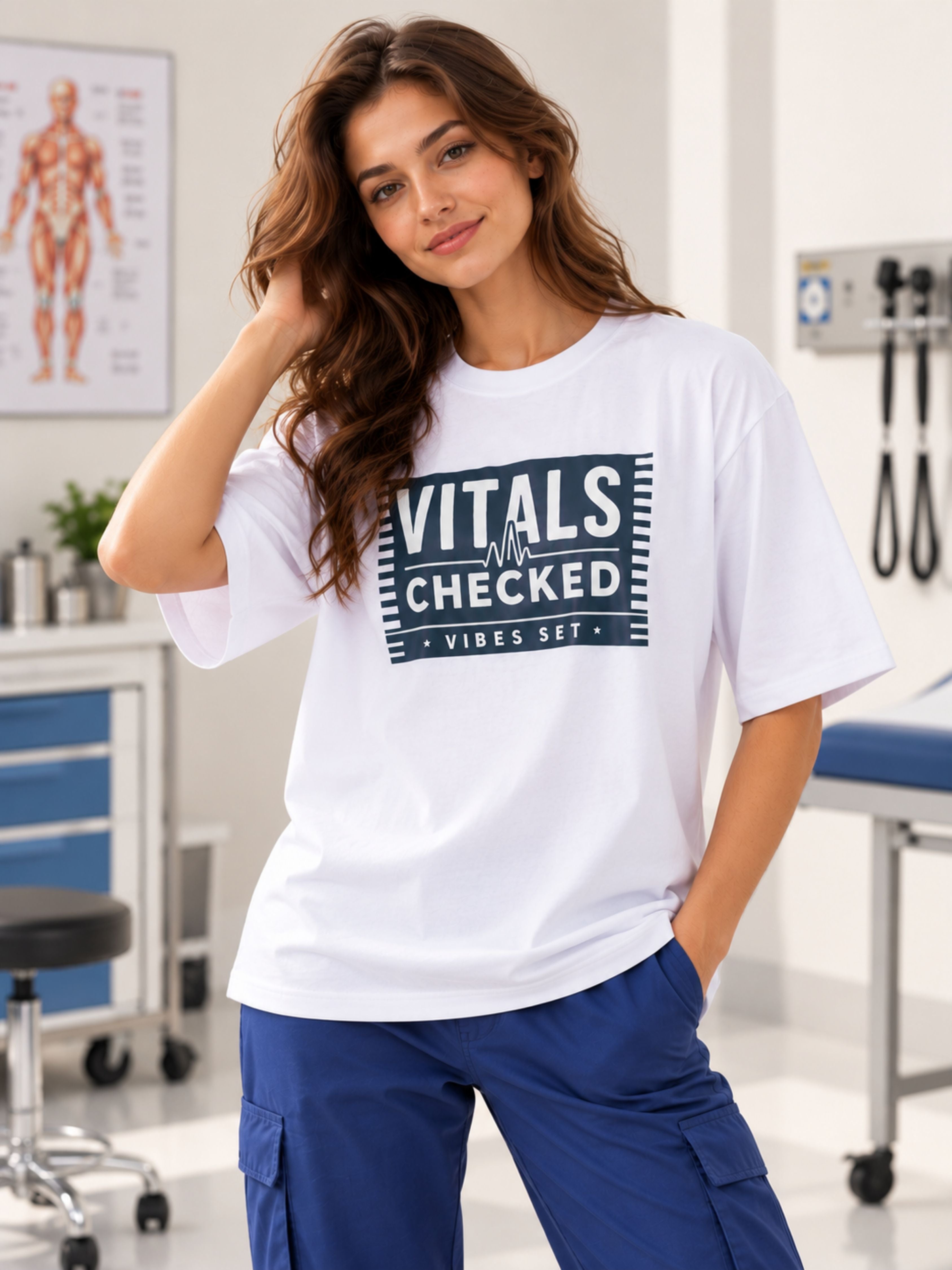 Physician Trendy T-shirt For Women oversized fit white tee with Vitals Checked graphic print