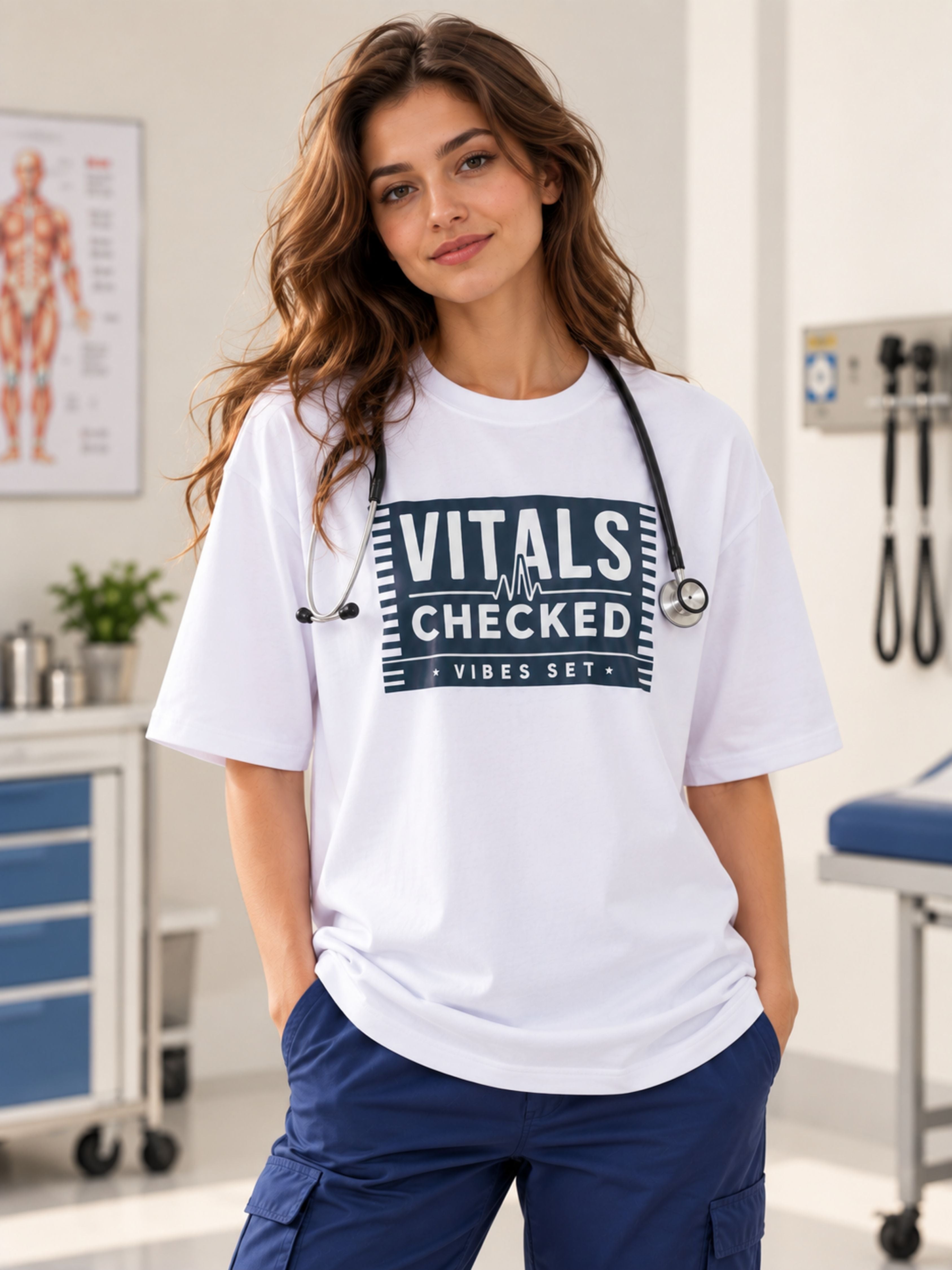Physician Trendy T-shirt For Women oversized fit white with Vitals Checked text and stethoscope